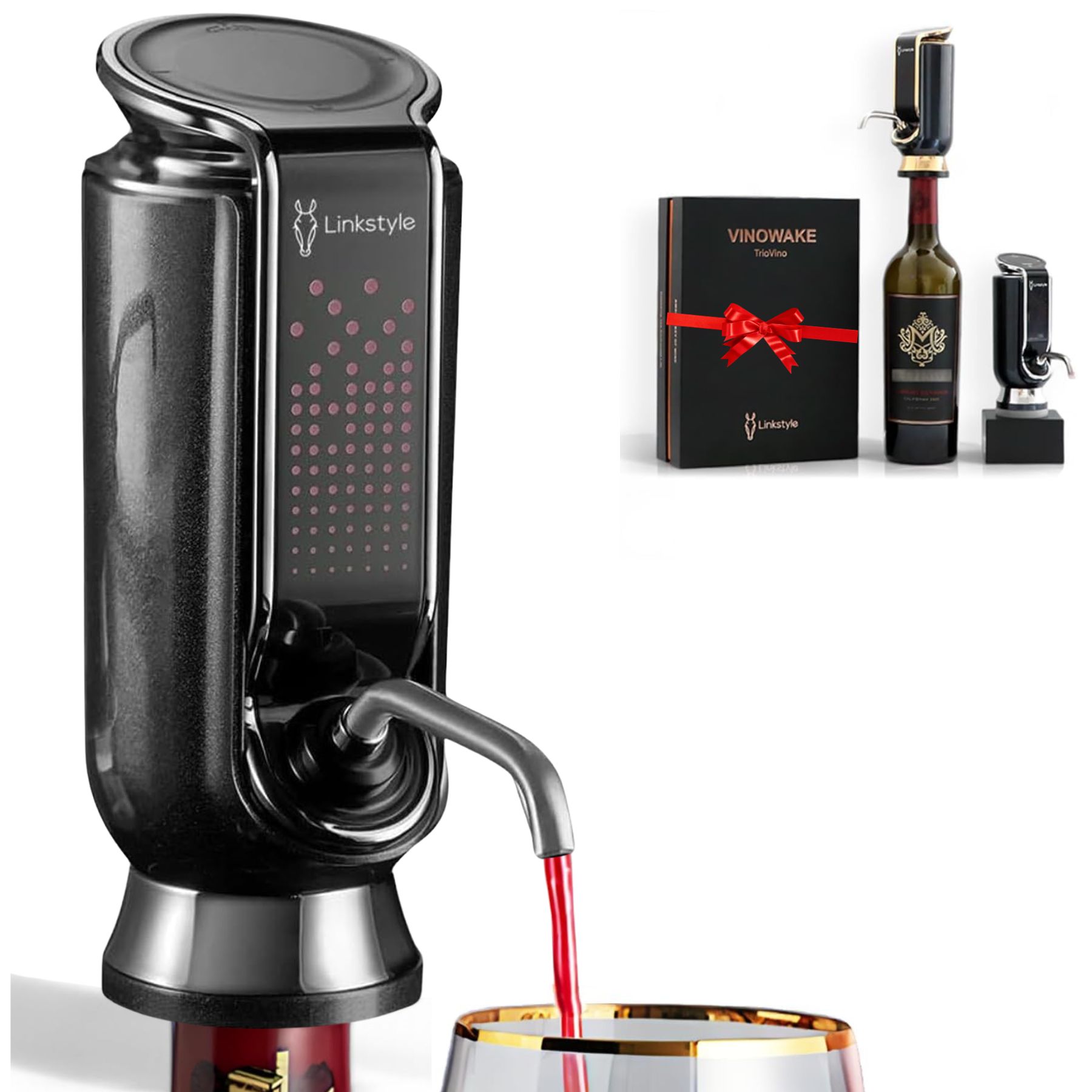 thumbnail video image 2 of TRIOVINO Electric Wine Aerator — 3-in-1 Luxurious Wine Dispenser, Preserver and Aerator for Improving Taste,  Enhancing Aroma and Wine Preservation, Wine Gifts for Women Men (Gold) By LINKSTYLE, 2 of 14
