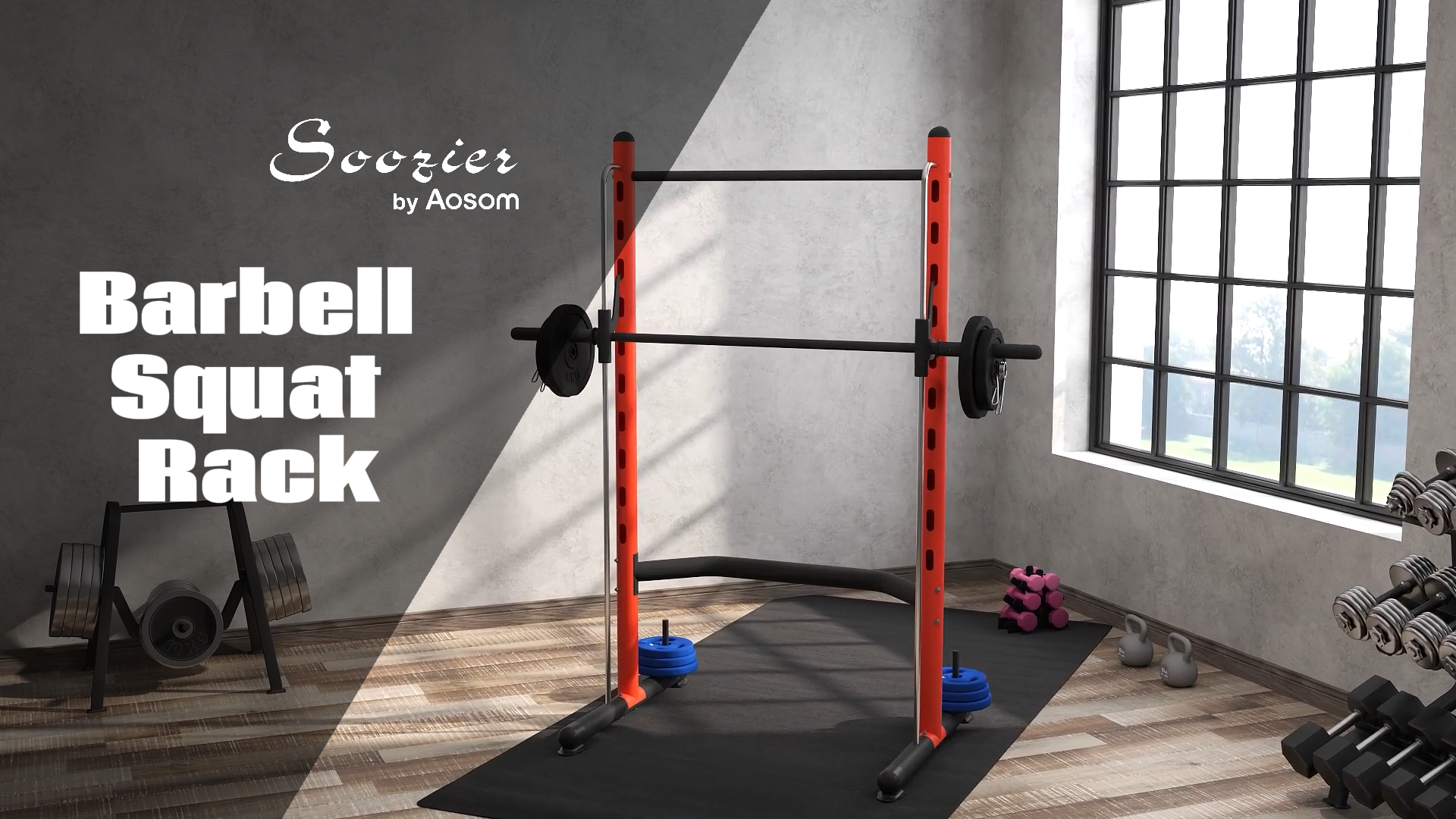 thumbnail video image 2 of Soozier Adjustable Squat Rack with Pull Up Bar and Barbell Bar, Multi-Function Bench Press Weight Lifting Equipment, Red, 2 of 10