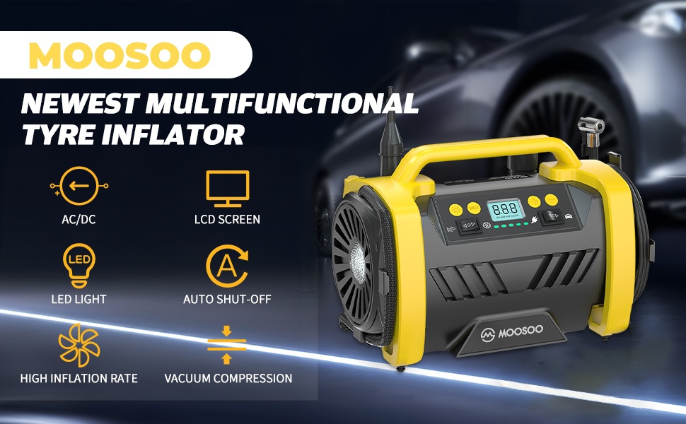 thumbnail video image 2 of MOOSOO AC/DC Tire Inflator, 3 in 1 Portable Air Compressor for Car Tires with Auto Shut-off, LED Light, 150PSI Air Pump for Cars, Balls, Motorcycles, 2 of 8