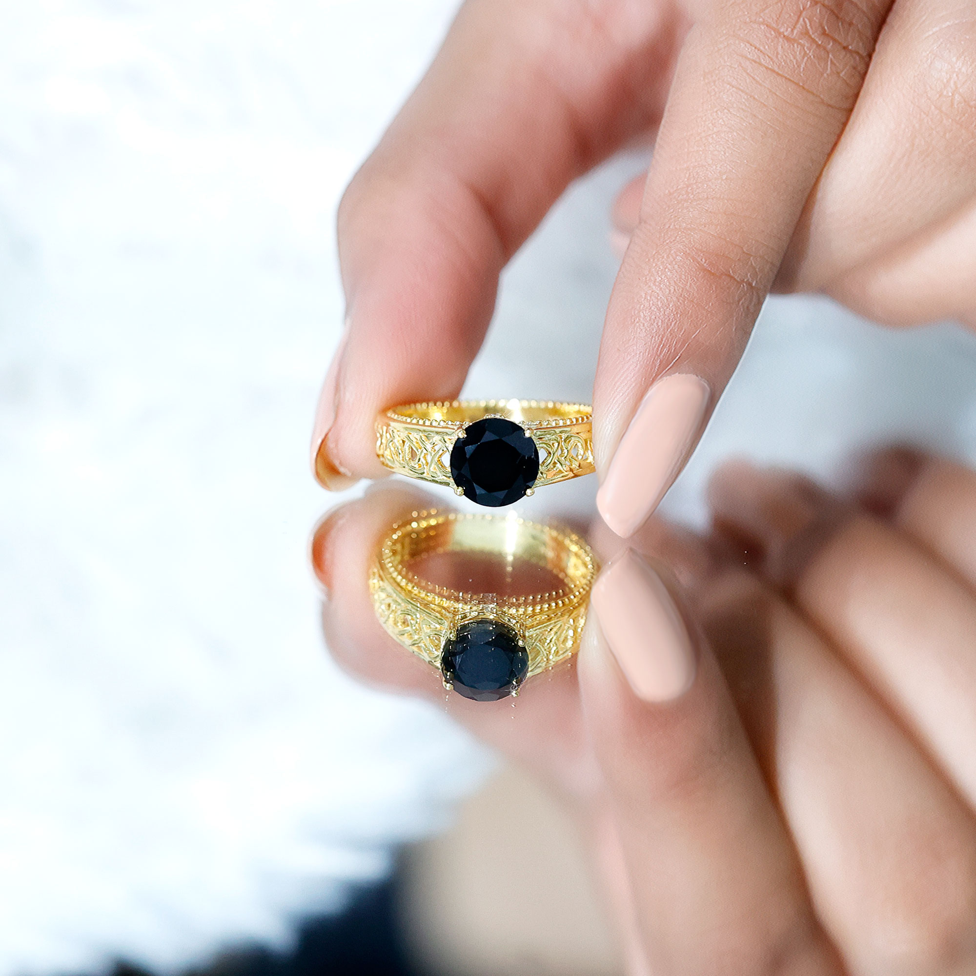 thumbnail video image 2 of Rosec Jewels Natural Black Spinel Solitaire Engagement Ring with Diamond - 8 mm - Celtic Knot Ring - AAA Quality - With Jewelry Box, 14K White Gold, US 8.00, 2 of 8