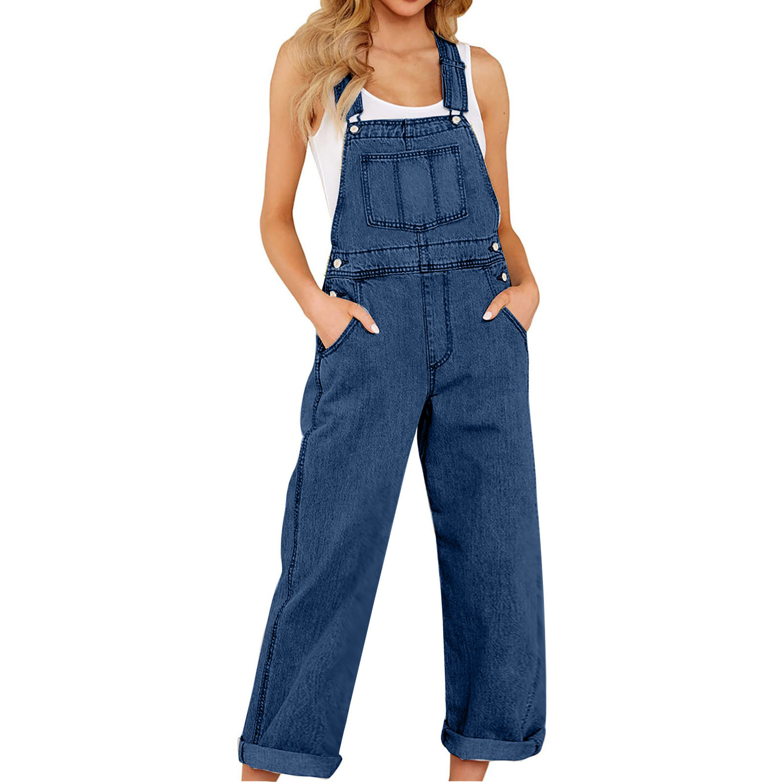 thumbnail video image 2 of QQAMB Denim Bib for Women-Fashion Overalls Straight Leg Coveralls Adjustable Casual Jeans Jumpsuit Loose Fit Blue XL, 2 of 8