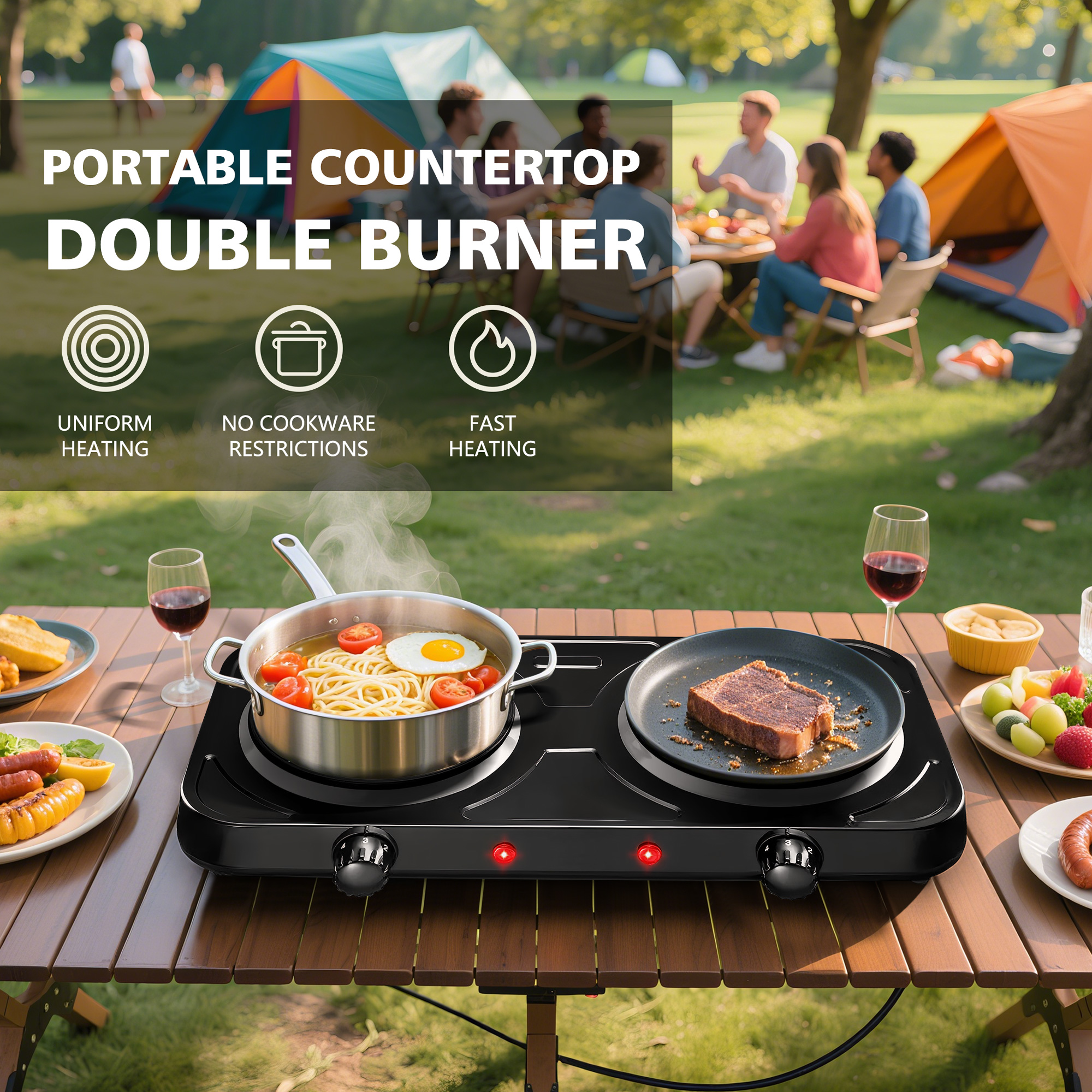 thumbnail video image 2 of Electric Hot Plate, 2200W Countertop Burner,Cast Iron 2 Burners ,Portable Electric Stove, Portable Double Burners for Cooking,Easy to Clean, Black., 2 of 9