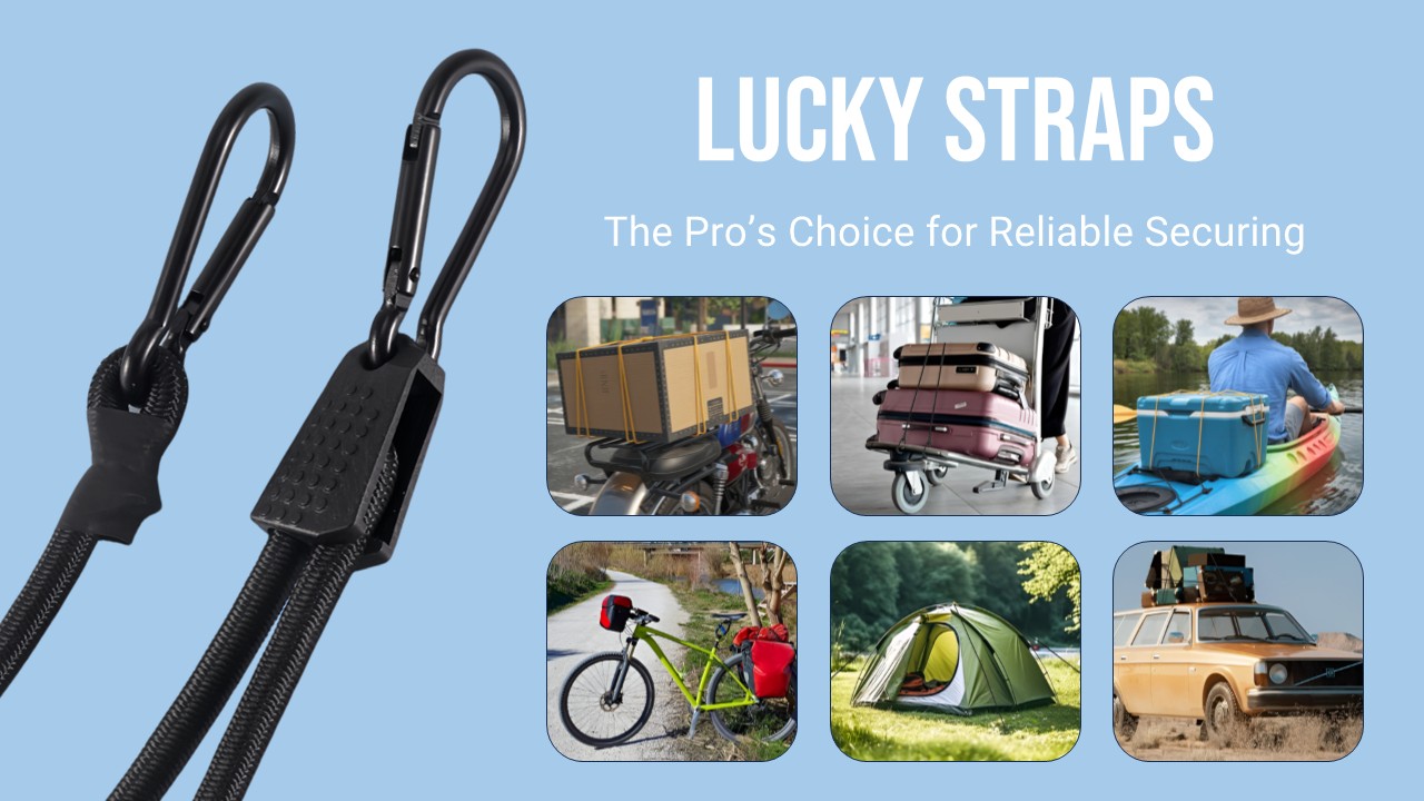 thumbnail video image 2 of LuckyStraps 6-Pack 60" Adjustable Carabiner UV-Resistant Bungee Cords, 2 of 8