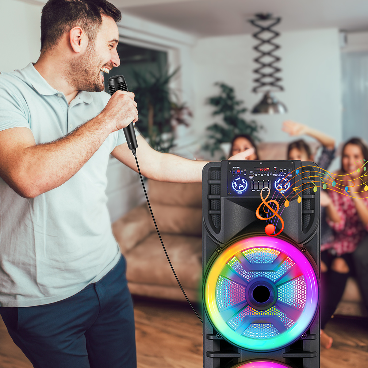 thumbnail video image 2 of Lohoms Dual 12-in Woofer Bluetooth Speaker With Mic Portable Party PA Sound System RGB, 2 of 11