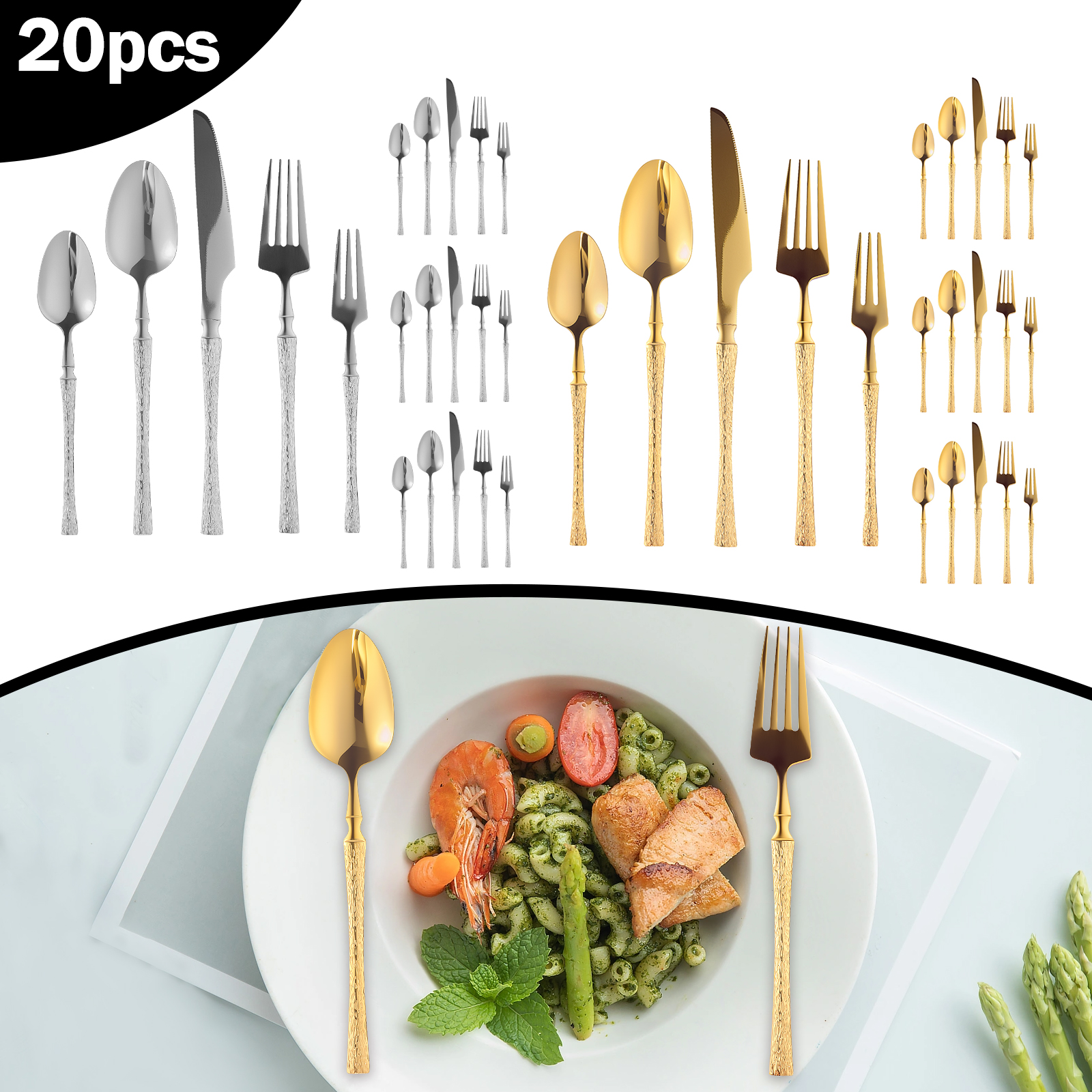 thumbnail video image 2 of Jetcloudlive 20 Pcs Gold Silverware Set Small Waist Tree Pattern Stainless Steel Tableware Creative Hotel Tableware Steak Knife And Fork Spoon Dessert Fork Dishwasher Safe, 2 of 12