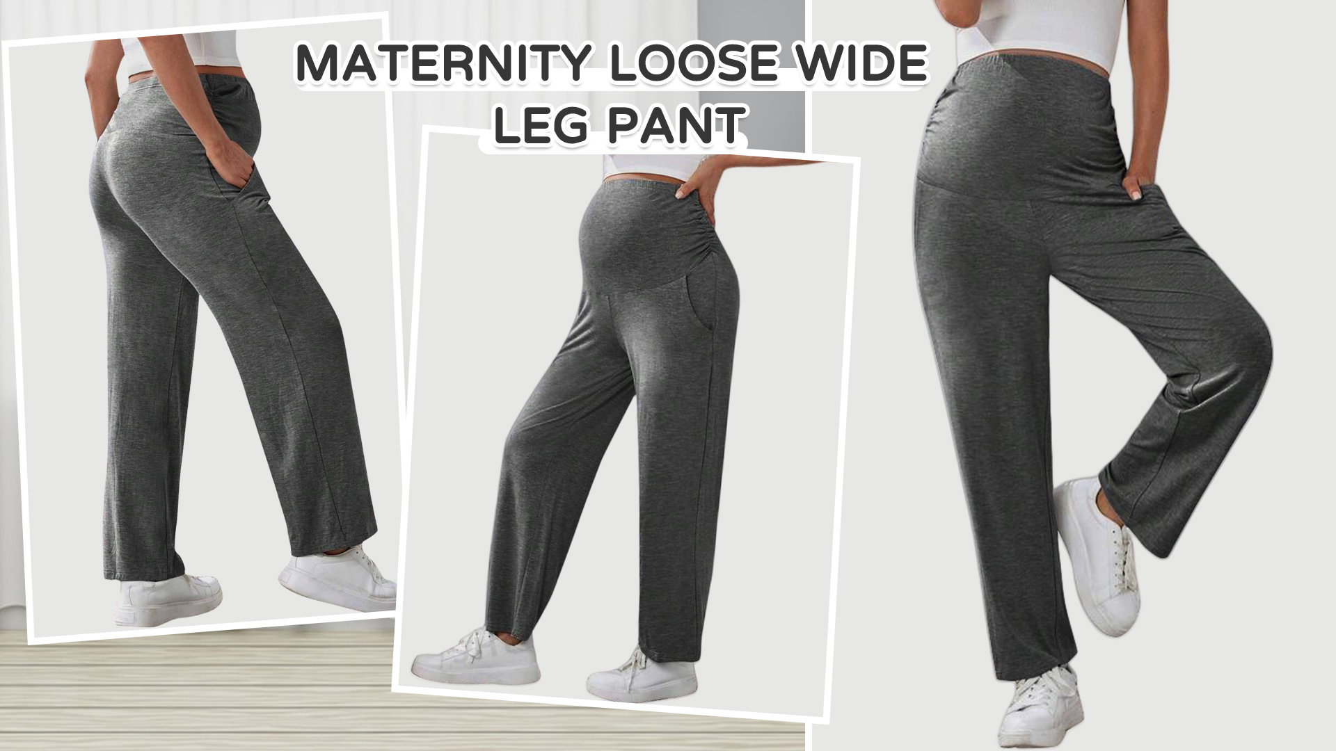 thumbnail video image 2 of Happy Cherry Women Maternity Pants Wide Leg Pregnancy Straight Pants Pregnancy Stretchy Trousers Maternity Over The Belly Sweatpants Pregnant Loose Summer Trousers with Pockets Plus Size, 2 of 7