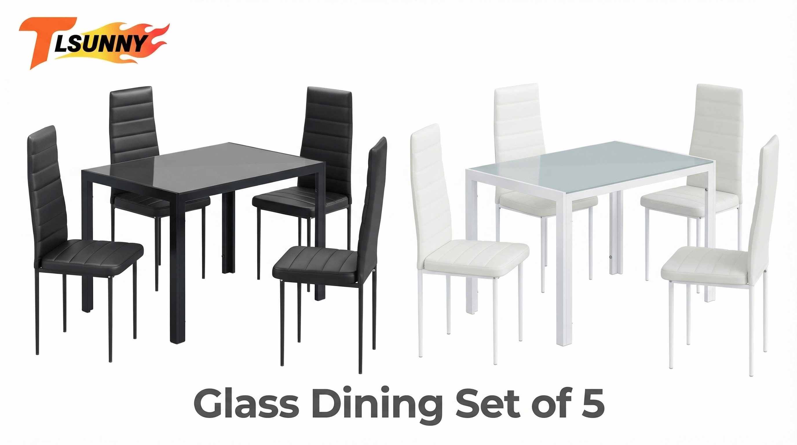 thumbnail video image 2 of TLSUNNY 5 Pcs Dining Table and Chairs Set for 4, Glass Kitchen Table with 4 Upholstered PU Chairs, Metal Steel Frame, for Home, Apartment, Dining Room, Small Space, 2 of 11