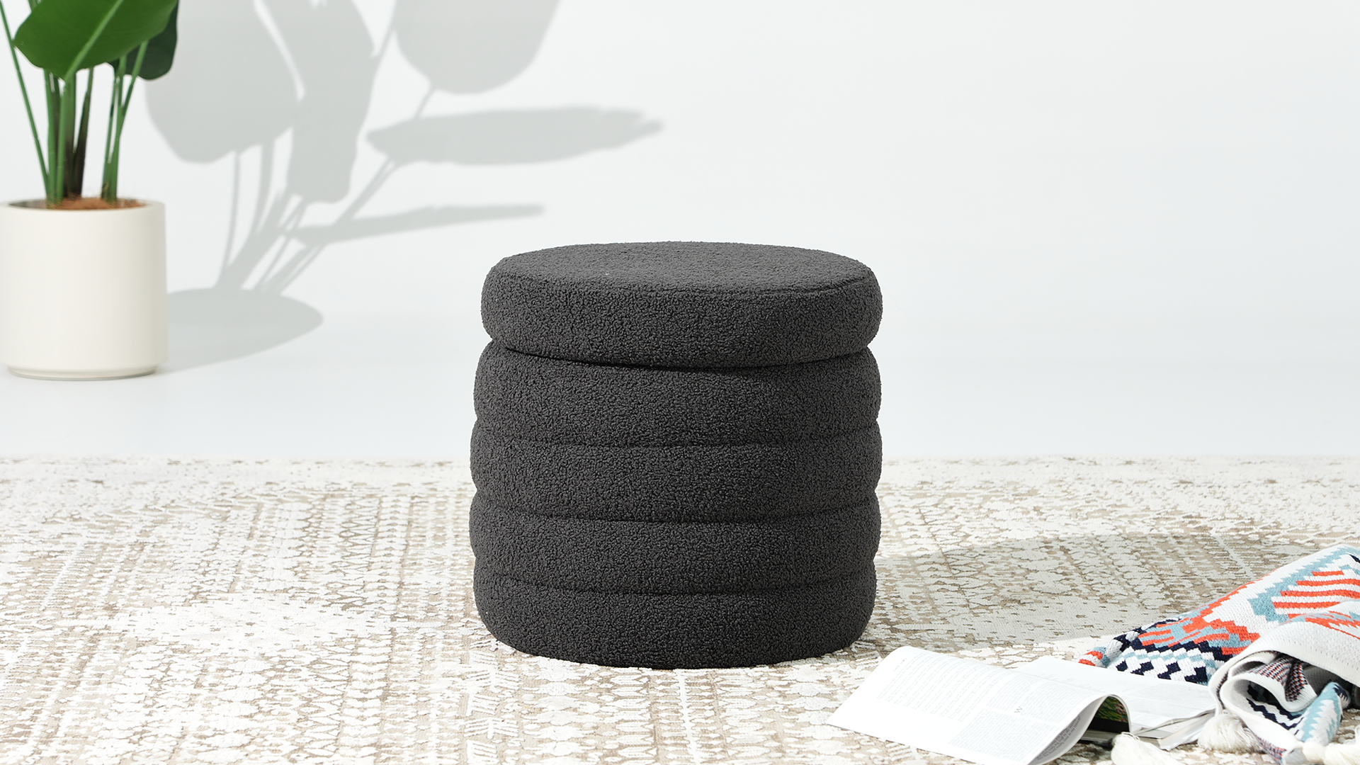 thumbnail video image 2 of WestinTrends Alexandria Mid-Century Modern Faux Sherpa Round Storage Ottoman, Charcoal Gray, 2 of 14