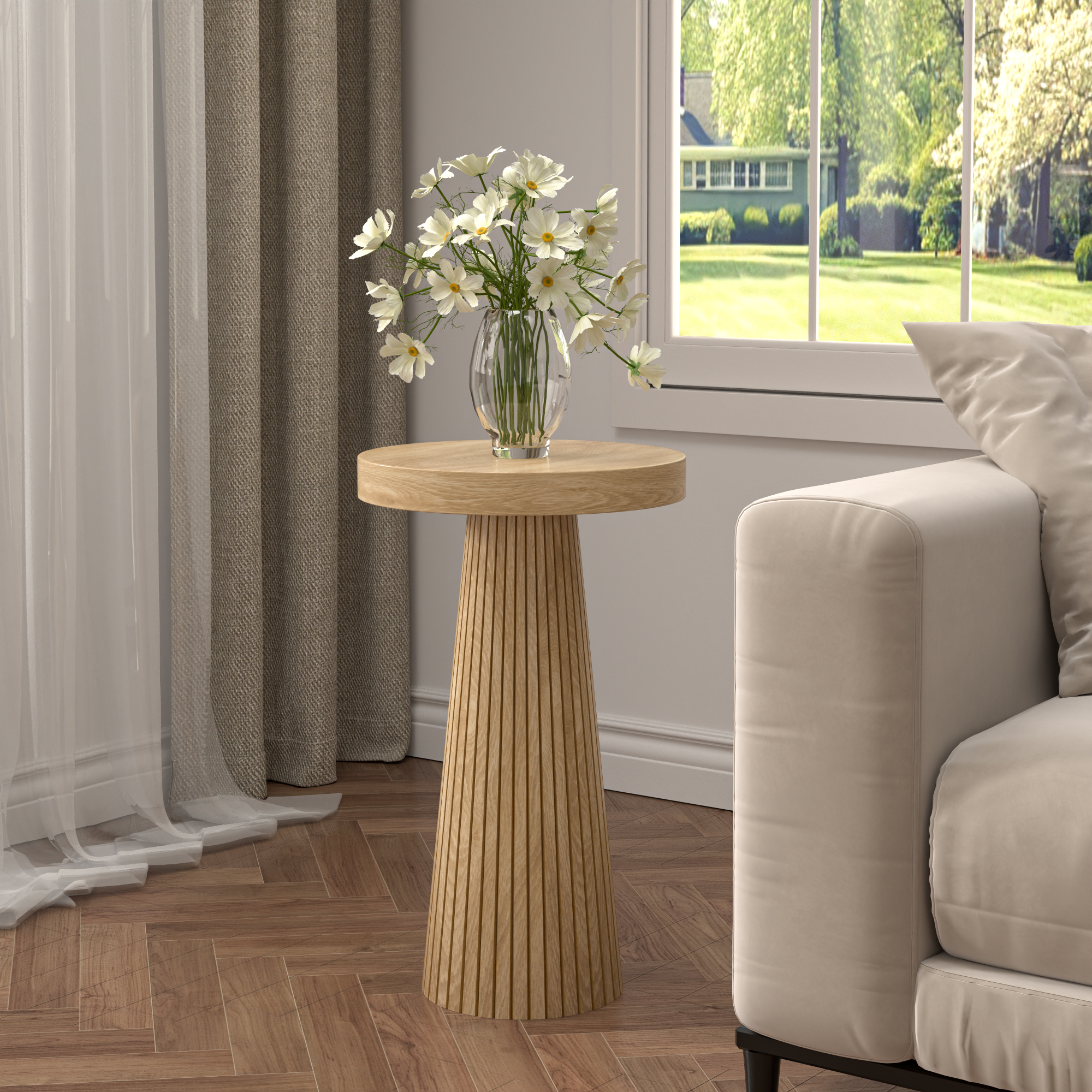 thumbnail video image 2 of Side Table, Small Round End Table with Fluted Accent, Mid-Century Modern Nightstand for Small Space Living Room, Bedroom, 2 of 8