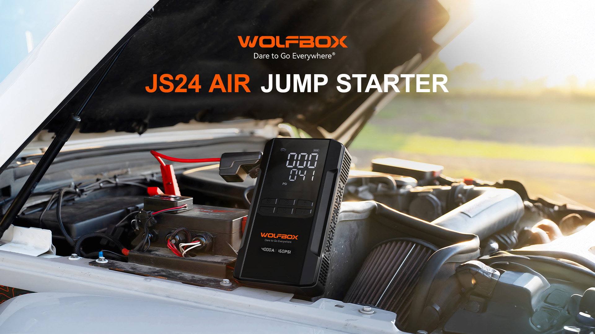 thumbnail video image 2 of WOLFBOX JS24AIR 4000A Jump Starter with Air Compressor, 88.8Wh Portable Battery Booster (10L Gas/Diesel) with 65W Fast Charging Port, 12V Jump Box, 160PSI Tire Inflator, LED Light, Black, 2 of 12