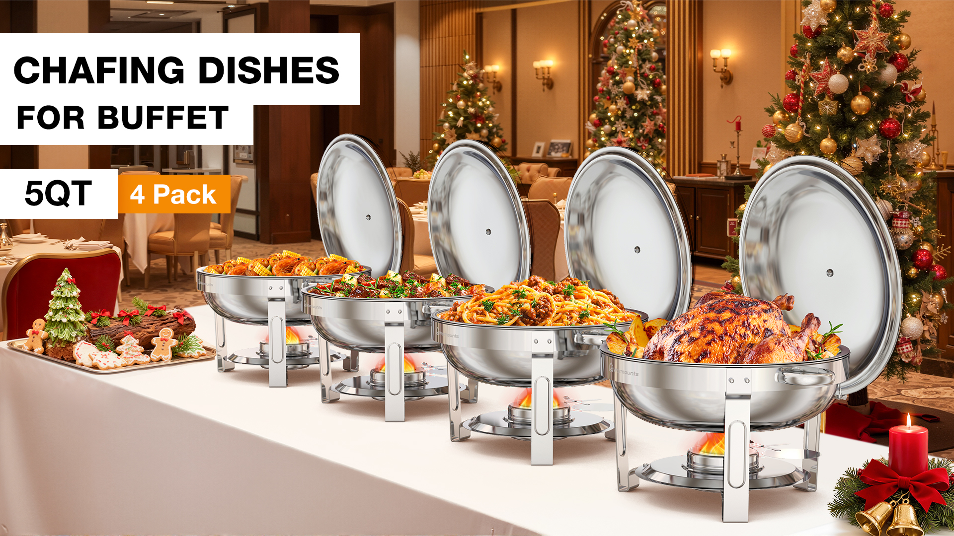 thumbnail video image 2 of WARMOUNTS Round Chafing Dish Buffet Set 4 Pack, 5QT Polished Stainless Steel Chafing Dish, Buffet Servers and Warmers Set with Lid & Holder for Party, No Finger Cuts, 2 of 13