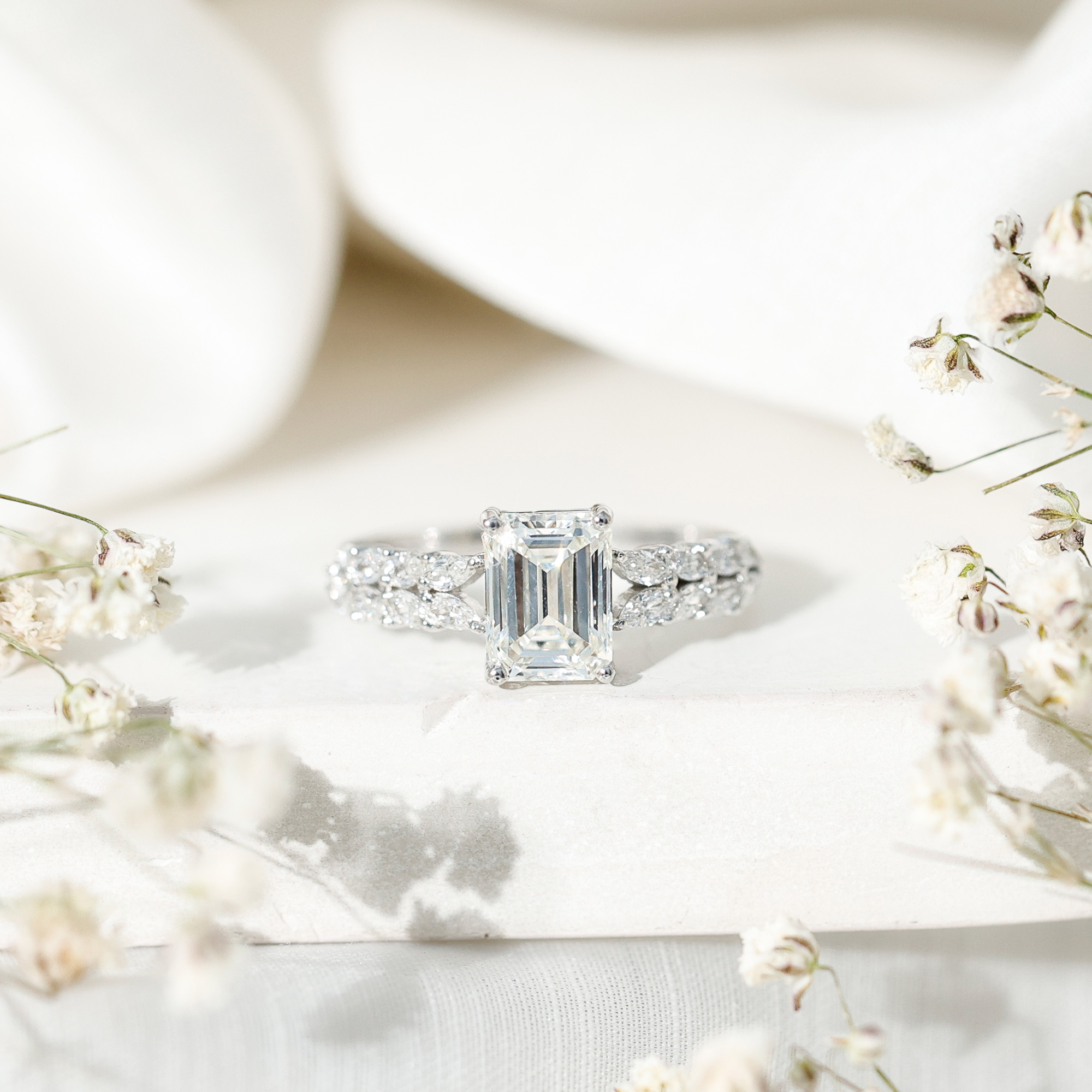 thumbnail video image 2 of Rosec Jewels Certified Moissanite Emerald Cut Engagement Ring 2 Ct - Solitaire Ring for Women - 6X8 mm - D-VS1 Quality, 18K White Gold, US 4.00, 2 of 9