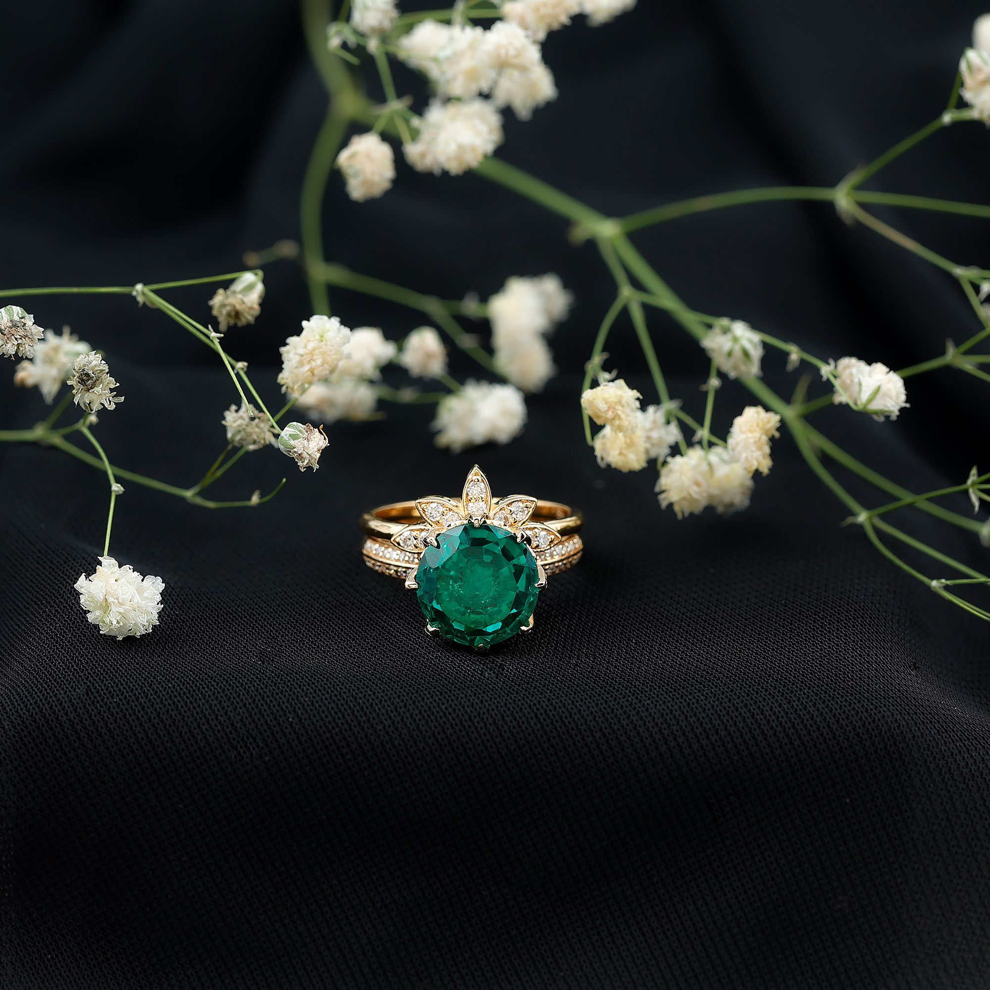 thumbnail video image 2 of Rosec Jewels Floral Ring Set with Lab Grown Emerald and Moissanite - 10 mm Emerald (AAAA Grade), 925 Sterling Silver, US 4.00, 2 of 9