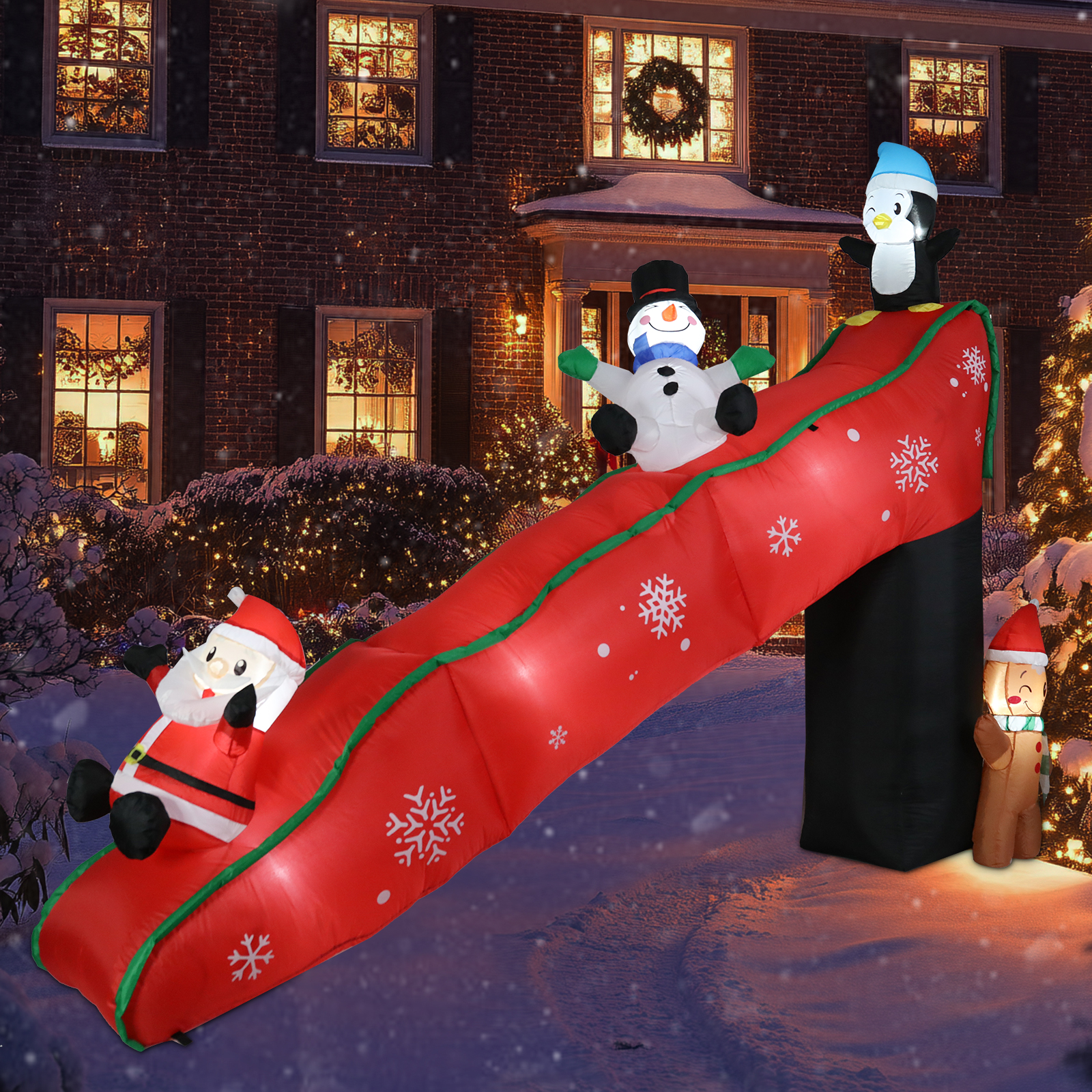 thumbnail video image 2 of 9FT Christmas Inflatable Slide Decor with Santa, Snowman, Penguin & Gingerbread Man – LED Lit, Outdoor Decoration for Yard Holiday Ambiance,Christmas Decor, 2 of 7