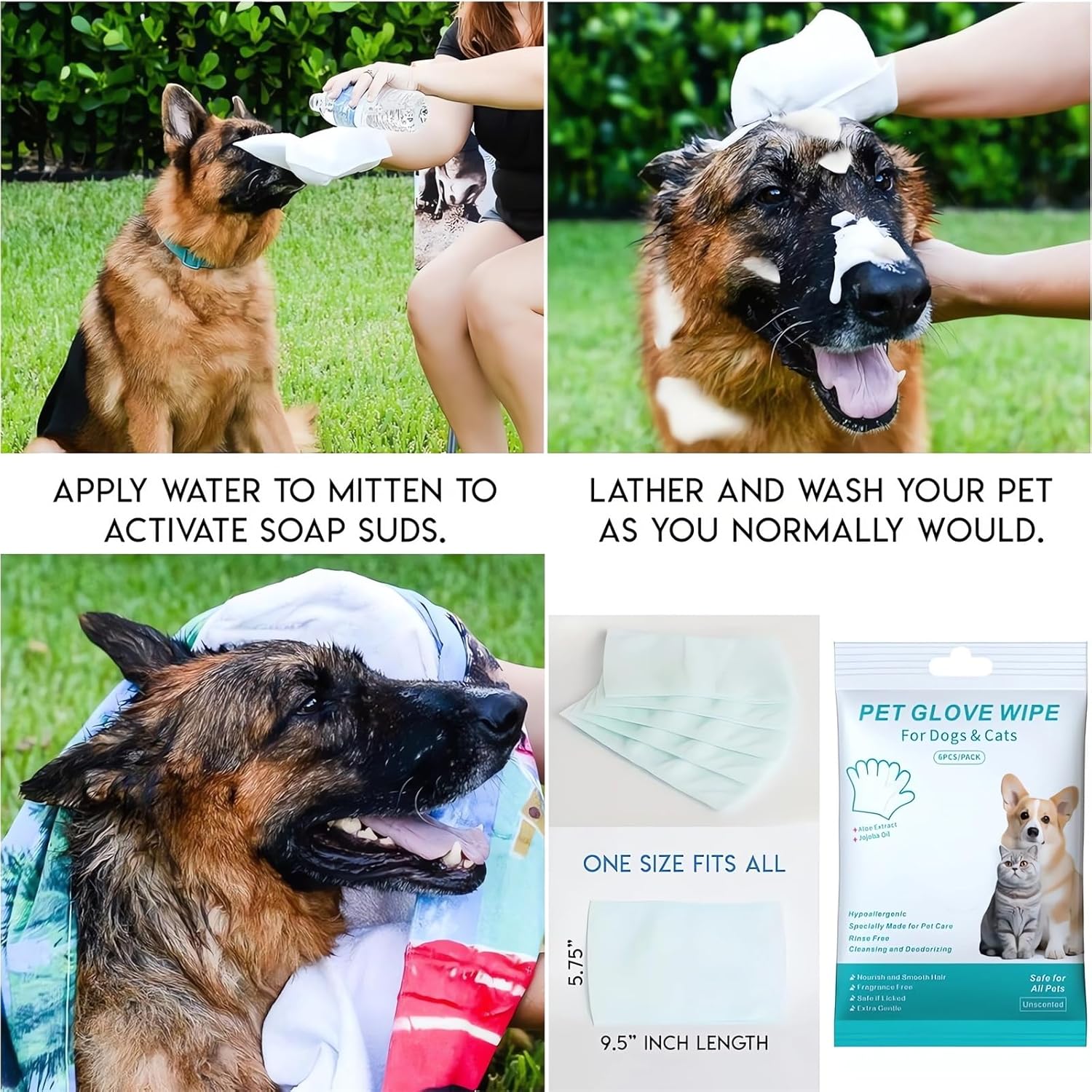 thumbnail video image 2 of Rinse Free Dog Shampoo Mitts, Rinse-Free Dog Shampoo Mitts Hypoallergenic Pet Bath Wipes,Dog Bath Mitts for Bathing, Thickened Pet Shampooing Gloves, 2 of 8