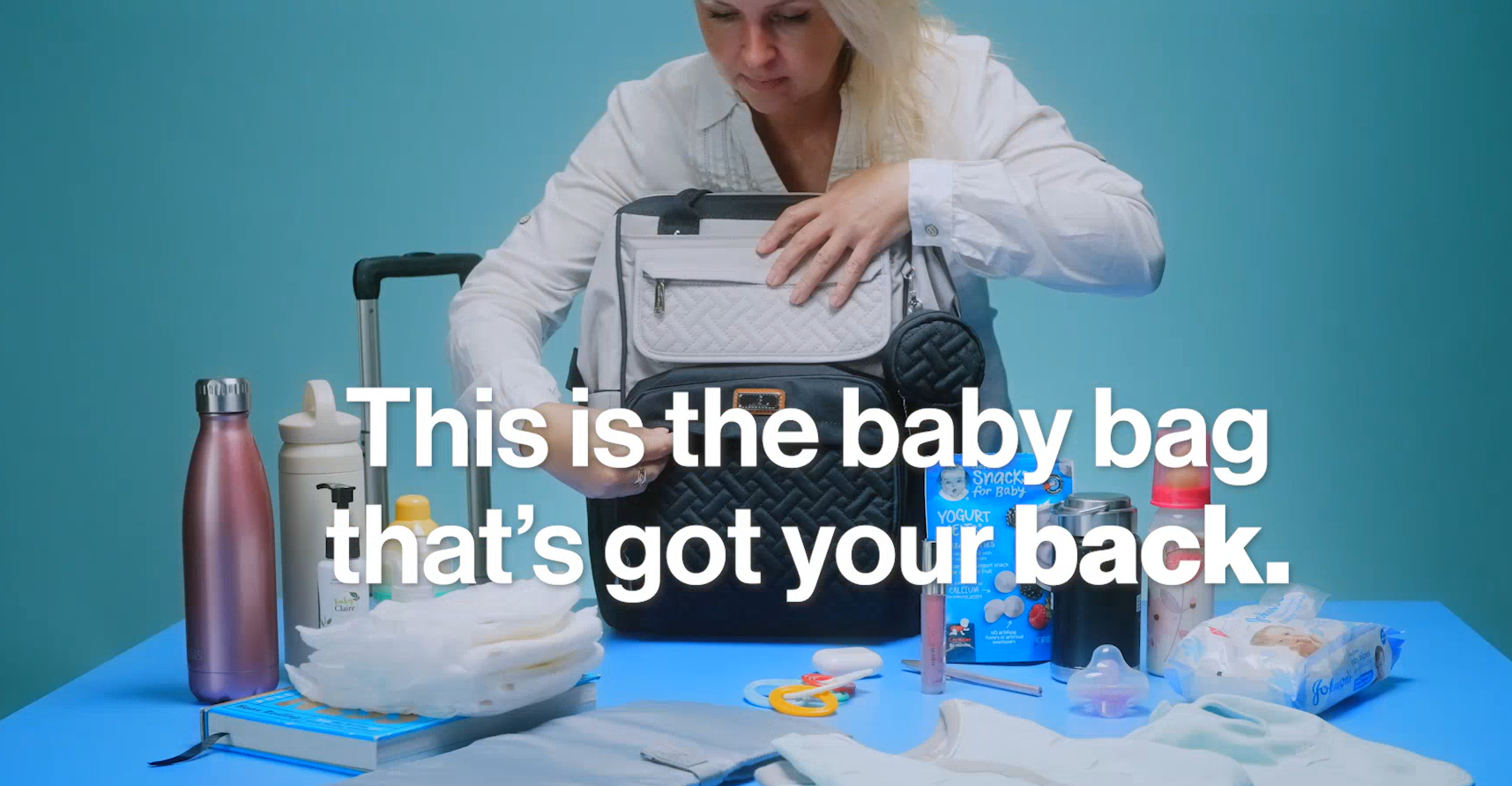 thumbnail video image 2 of BabbleRoo Wide Top Diaper Bag Backpack- Stone Gray & Blue, 2 of 10