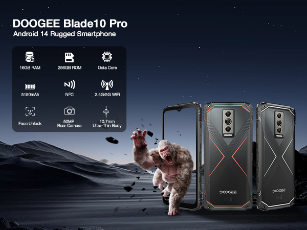 thumbnail video image 2 of DOOGEE Blade 10 Pro (2025) Rugged Phone,10.7mm Ultra-Thin,16GB+256GB Rugged Smartphone,Android 14 Octa Core,6.56" HD+90Hz,50MP+8MP,IP68/IP69K Waterproof Phone,Widevine L1,NFC/Face Unlock, 2 of 8