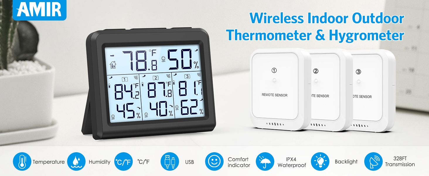 thumbnail video image 2 of Indoor Thermometer, AMIR Indoor Outdoor Thermometer Digital Hygrometer Thermometer with 3 Sensor Humidity Gauge Indoor Thermometer for Home Bedroom Baby Room Greenhouse Warehouse Black, 2 of 11