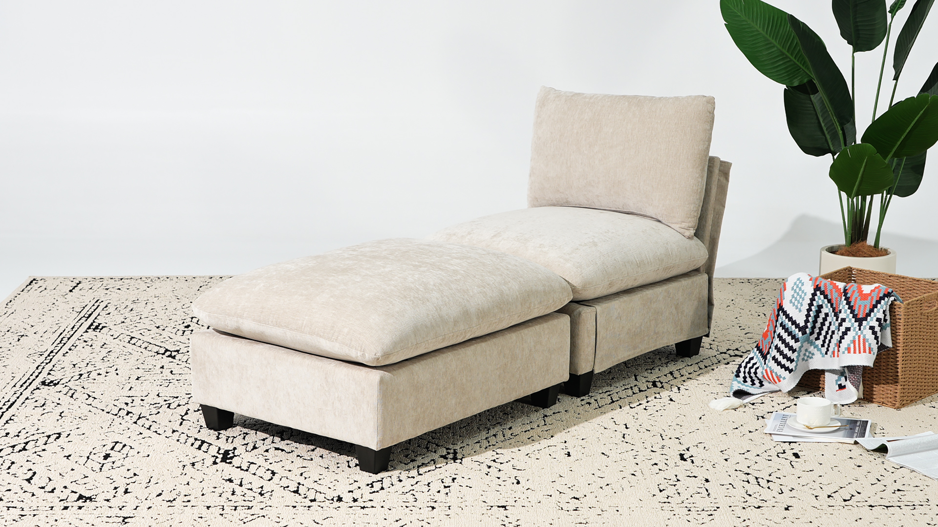 thumbnail video image 2 of WestinTrends Augusta 68.5" Chenille Upholstered Indoor Chaise Lounge Chair, Cream, 2 of 16