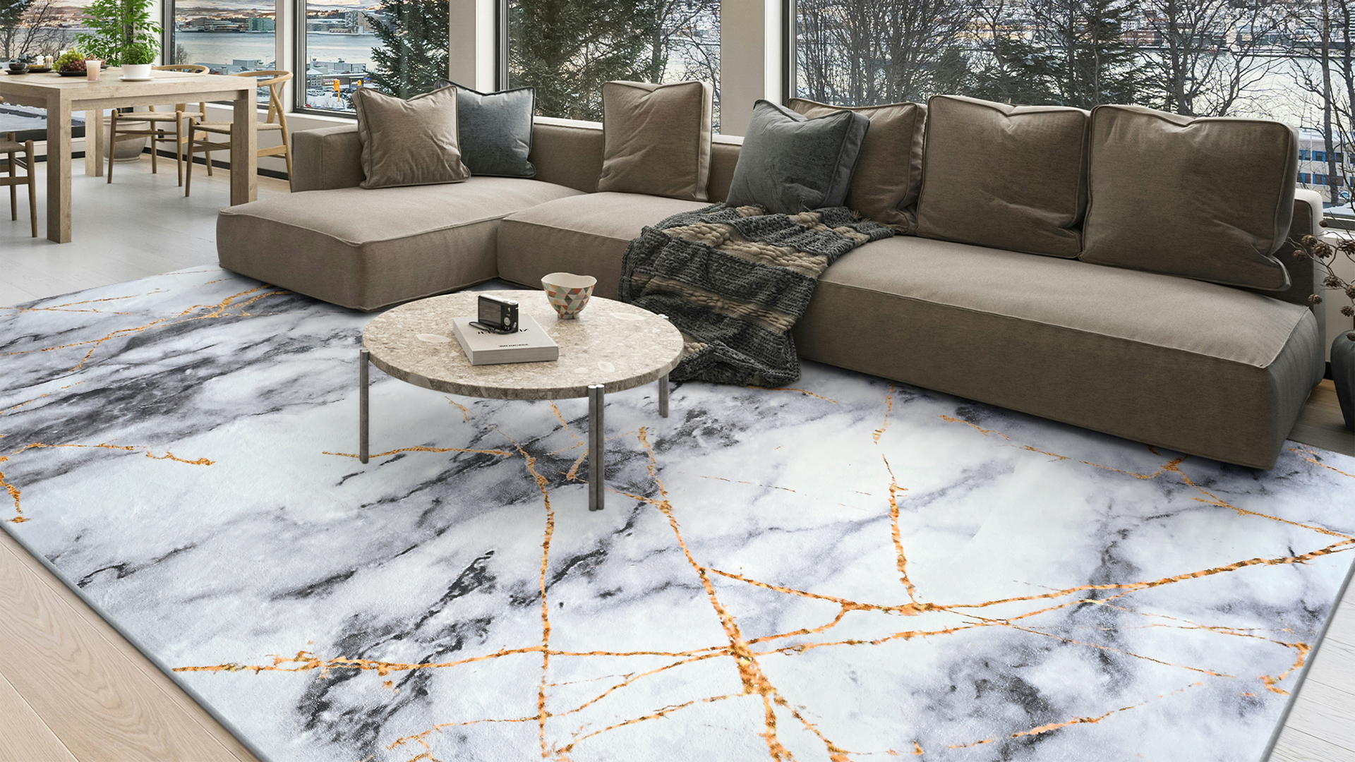thumbnail video image 2 of Cydiria Modern Abstract Marble Faux Wool Area Rug, 4' x 6', Golden Gray, 2 of 9