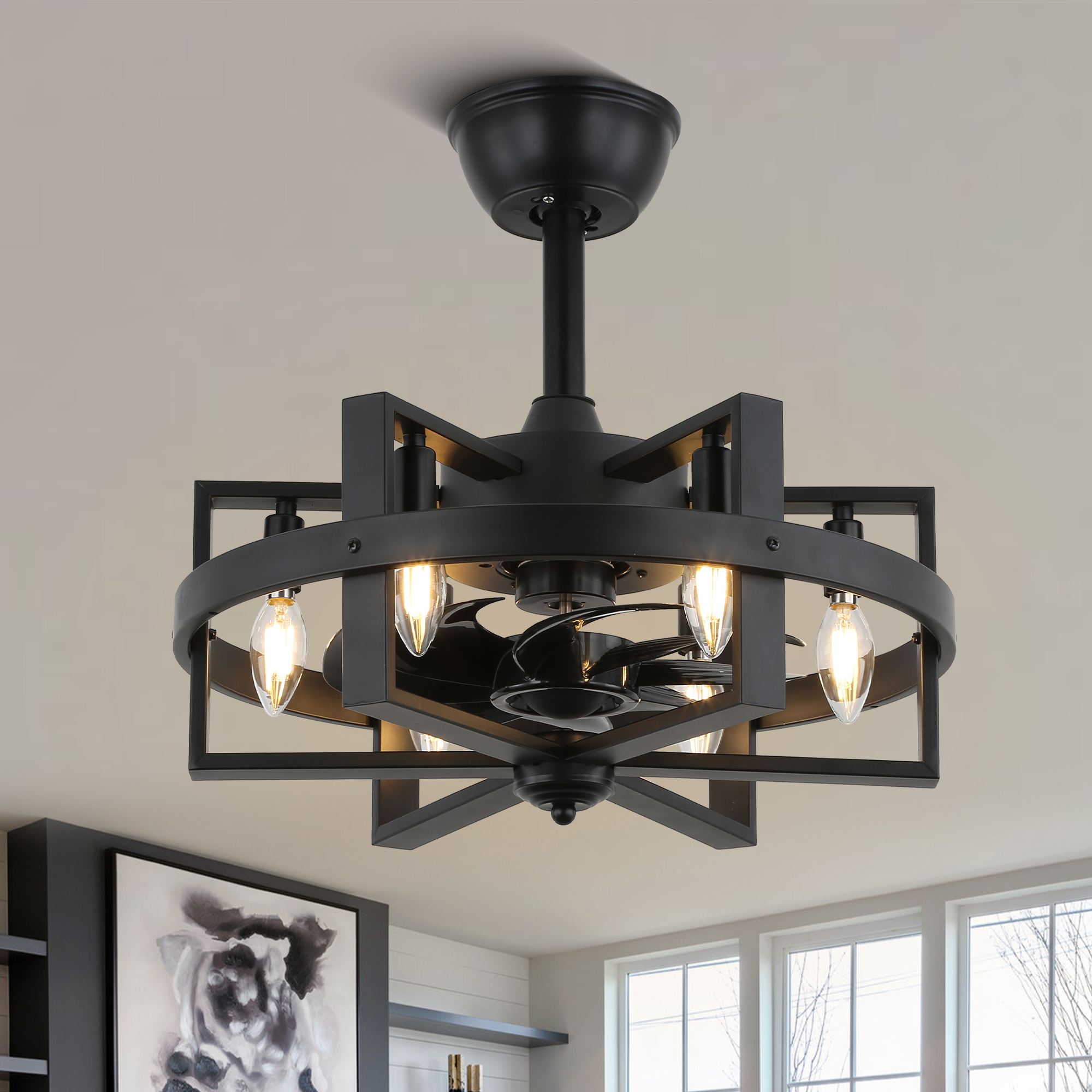 thumbnail video image 2 of 18' Metal Caged Ceiling Fan with Light and Remote Control, Bella Depot 6-Speed Reversible Chandelier, 2 of 12