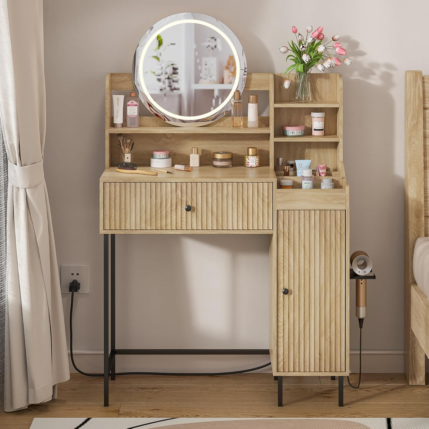 thumbnail video image 2 of Modern Makeup Vanity Desk with Mirror and Light, Fluted Vanity Table with Drawer and Cabinet, Dresser with Hairdryer Holder & Power Outlet & Shelves, 3 Lighting Modes, for Bedroom, 2 of 9