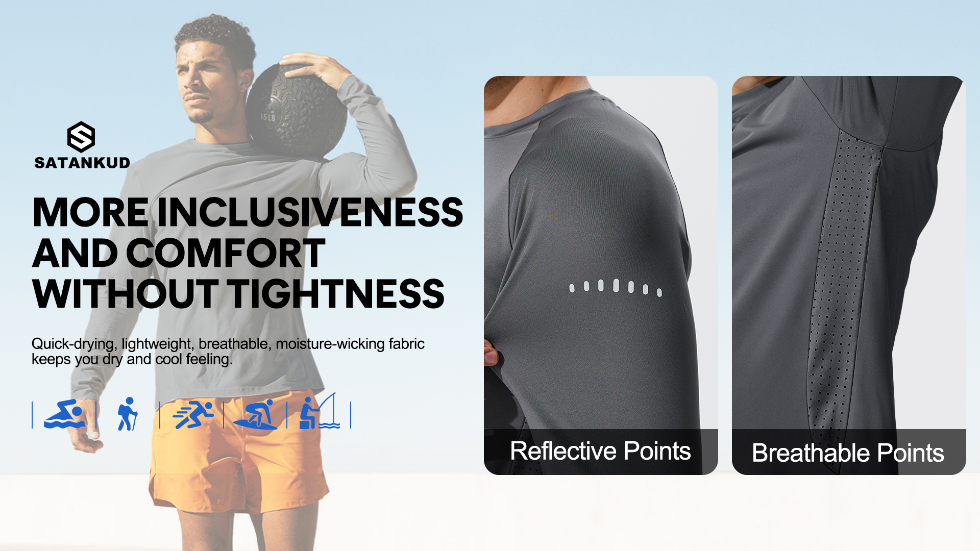 thumbnail video image 2 of Satankud Mens Sun Protection UPF 50+ Shirts Long Sleeve Swim Rash Guard Shirt Workout Running Athletic UV Gym Surf Hiking Blue L, 2 of 10