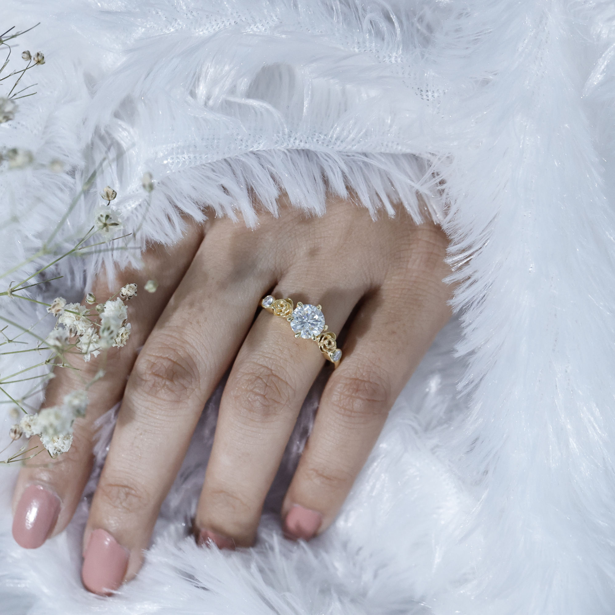 thumbnail video image 2 of Round Cut Moissanite Solitaire Ring for Women - Flower Engagement Ring (1.50 CT), 18K Yellow Gold, US 5.00, 2 of 9