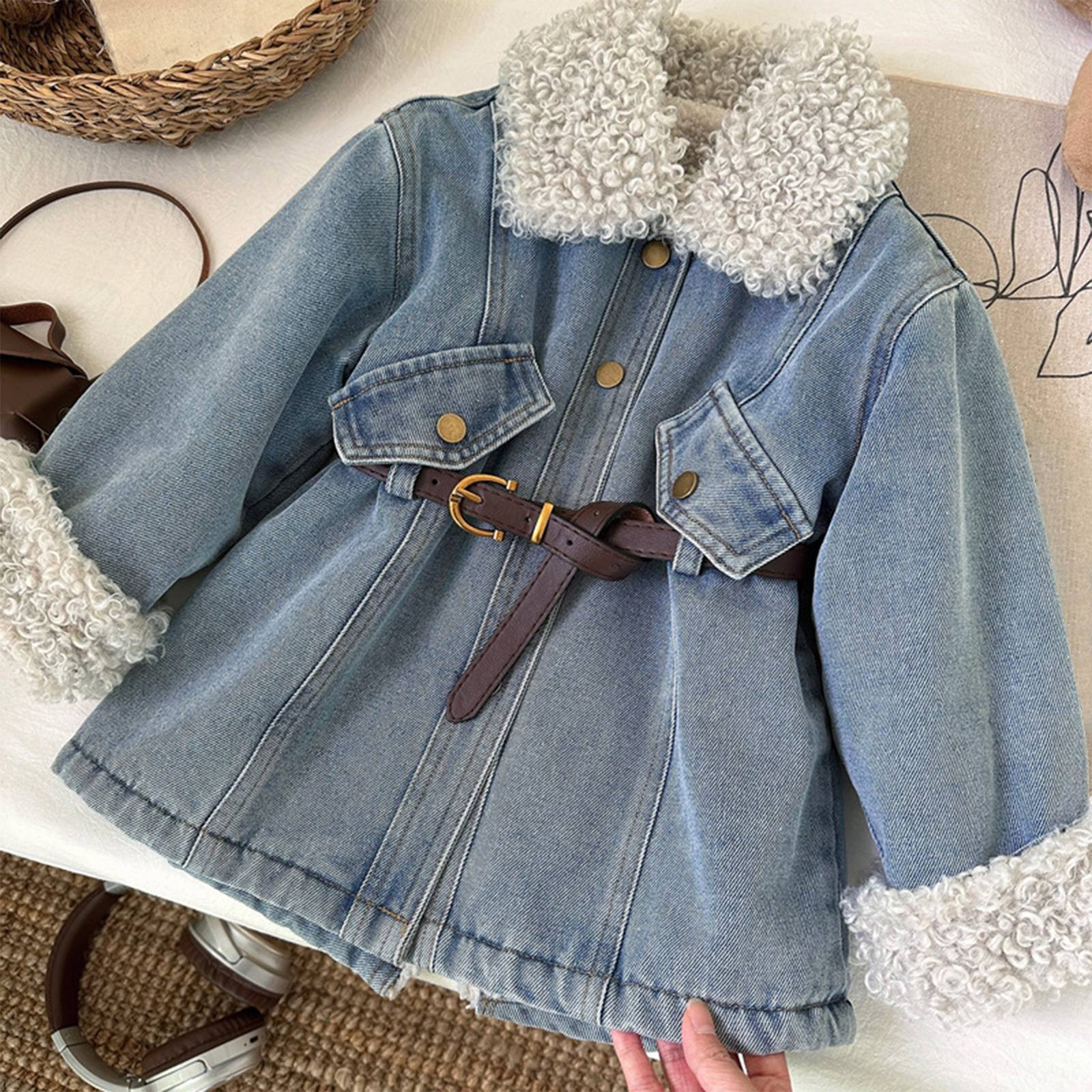 thumbnail video image 2 of SGMVNU Little Girls Lined Denim Jacket with Belt, Cute Sherpa Collar Button Jean Coats, Kids Winter Outerwear Warm Overcoat,Blue,7-8 Years, 2 of 8