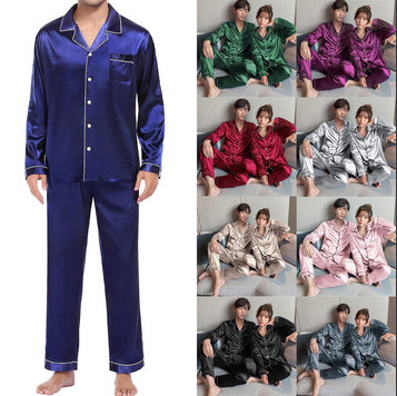 thumbnail video image 2 of Baqcunre womens pajama sets Couples Matching Pajamas Sets Silk Satin Long Sleeve Sleepwear Button-Down Soft Loungewear Loose Pjs Set Blue,4XL, 2 of 6
