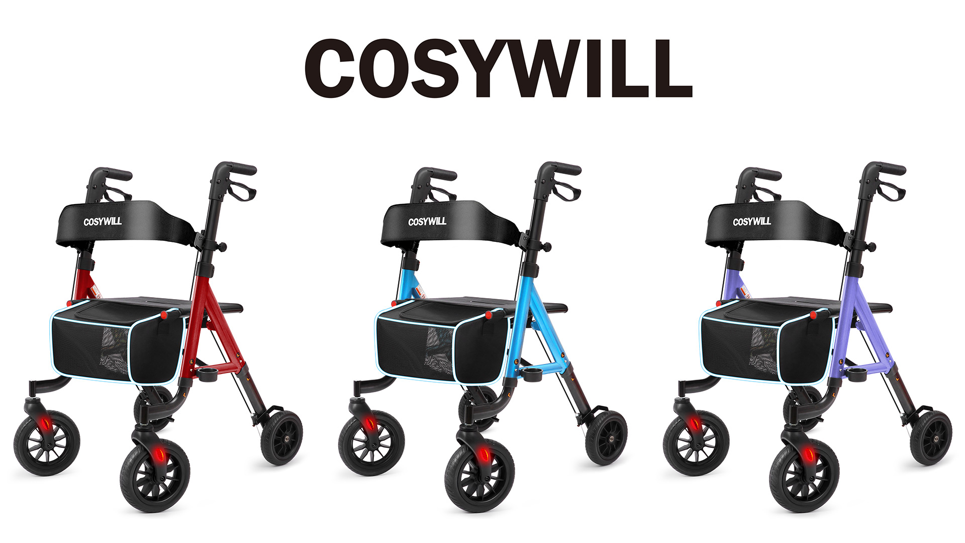 thumbnail video image 2 of COSYWILL Aluminum Rollator Walker with Seat,Height Adjustable Mobility Walker with 8" Wheels,350 lb Weight Capacity,Red, 2 of 9