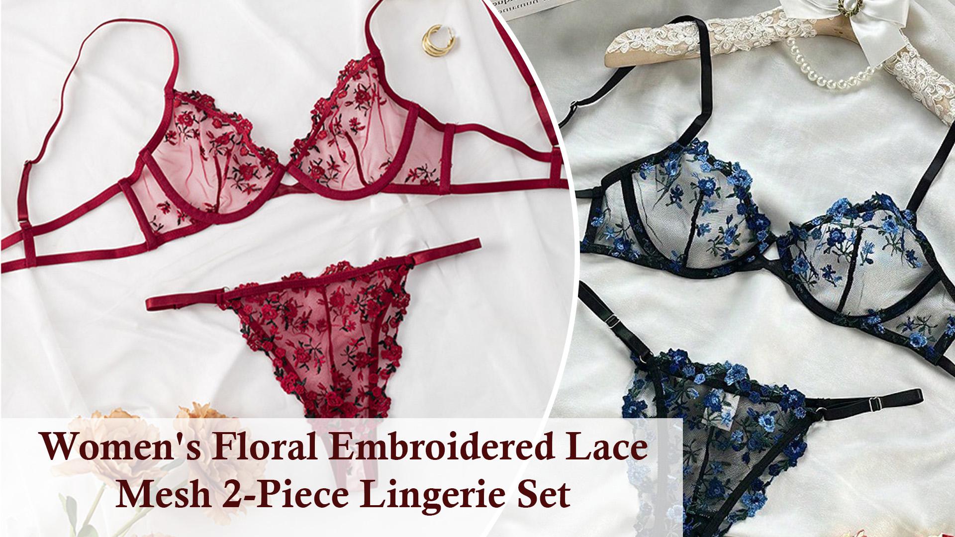 thumbnail video image 2 of Ausing Bra and Panty Sets for Women Matching Underwear Bralettes Lace Mesh Push Up V Neck trappy Floral Embroidered Breathable Underwear 2 Piece Red M, 2 of 7