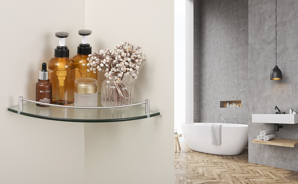 thumbnail video image 2 of KES Brushed 7MM-Thick Tempered Glass Floating Corner Shelf for Bathroom Wall Mounted, 2 of 12