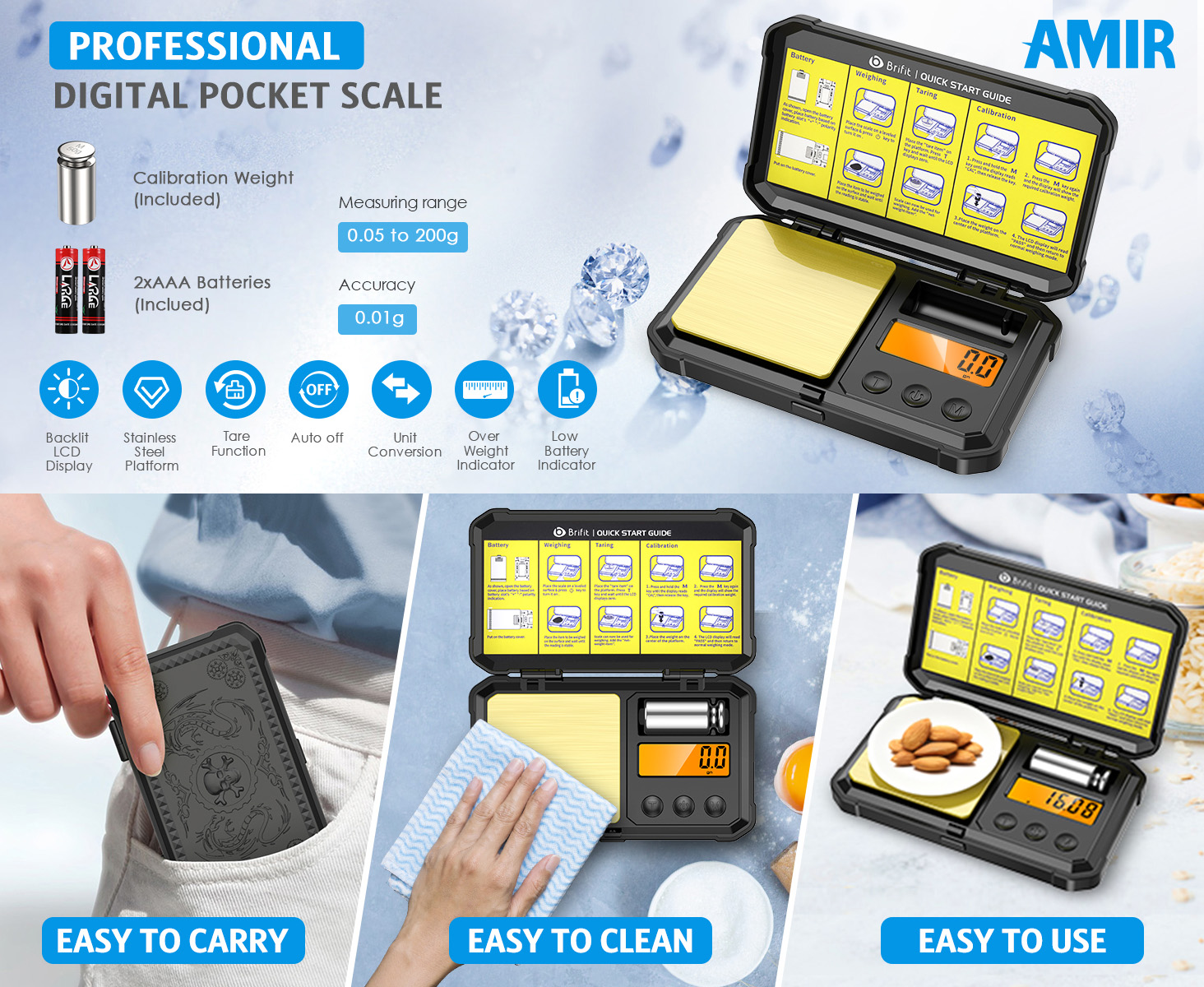 thumbnail video image 2 of Digital Scale, AMIR Digital Gram Scale 200g/0.01g High-Precision Scale with 50g Calibration 6 Units LCD Display Tare Function Scale for Kitchen Food Jewelry Medicine Herb Black, 2 of 11