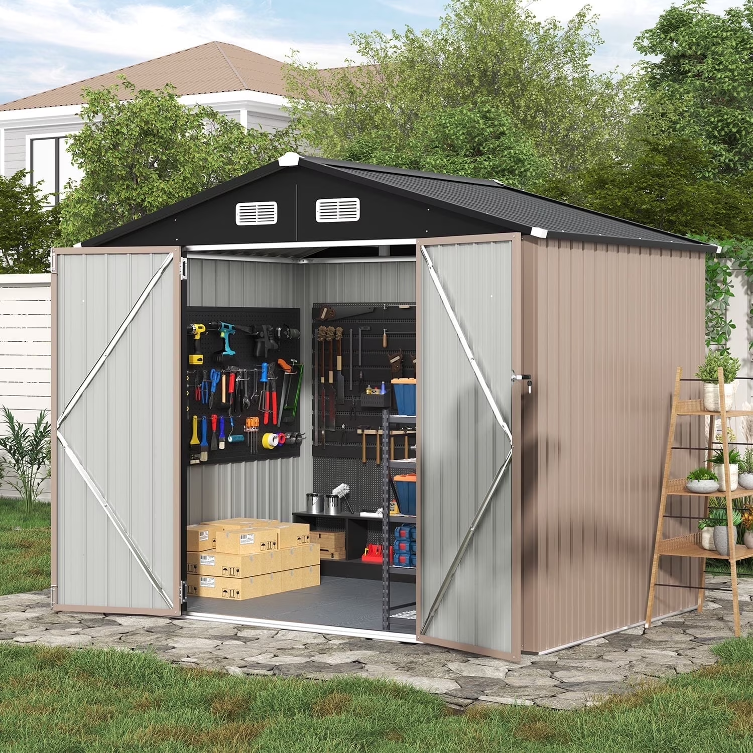 CLOUDDWELL, Storage Shed, 8x6 ft, Brown with Double Doors