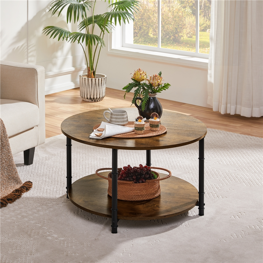 thumbnail video image 2 of Alden Design 2 Layer Round Coffee Table with Metal Frame, Rustic Brown, 2 of 9