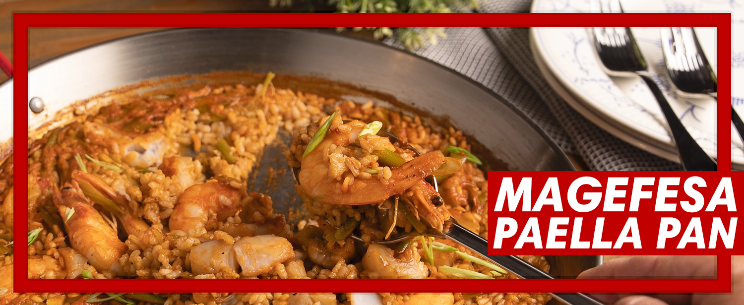 thumbnail video image 2 of MAGEFESA 15" Carbon Steel Paella Pan, 38 cm, Serves 8 – Oven-Safe, Lightweight & Durable with Dimpled Base, Ideal for Outdoor & Traditional Paella, 2 of 7