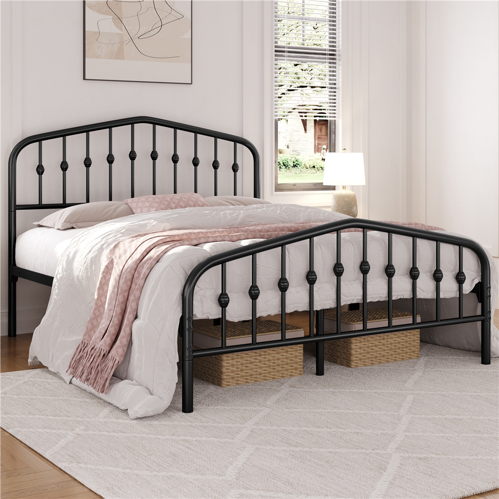 thumbnail video image 2 of Yaheetech Metal Platform Bed Frame with Arched Headboard and Footboard, Black, Queen, 2 of 8