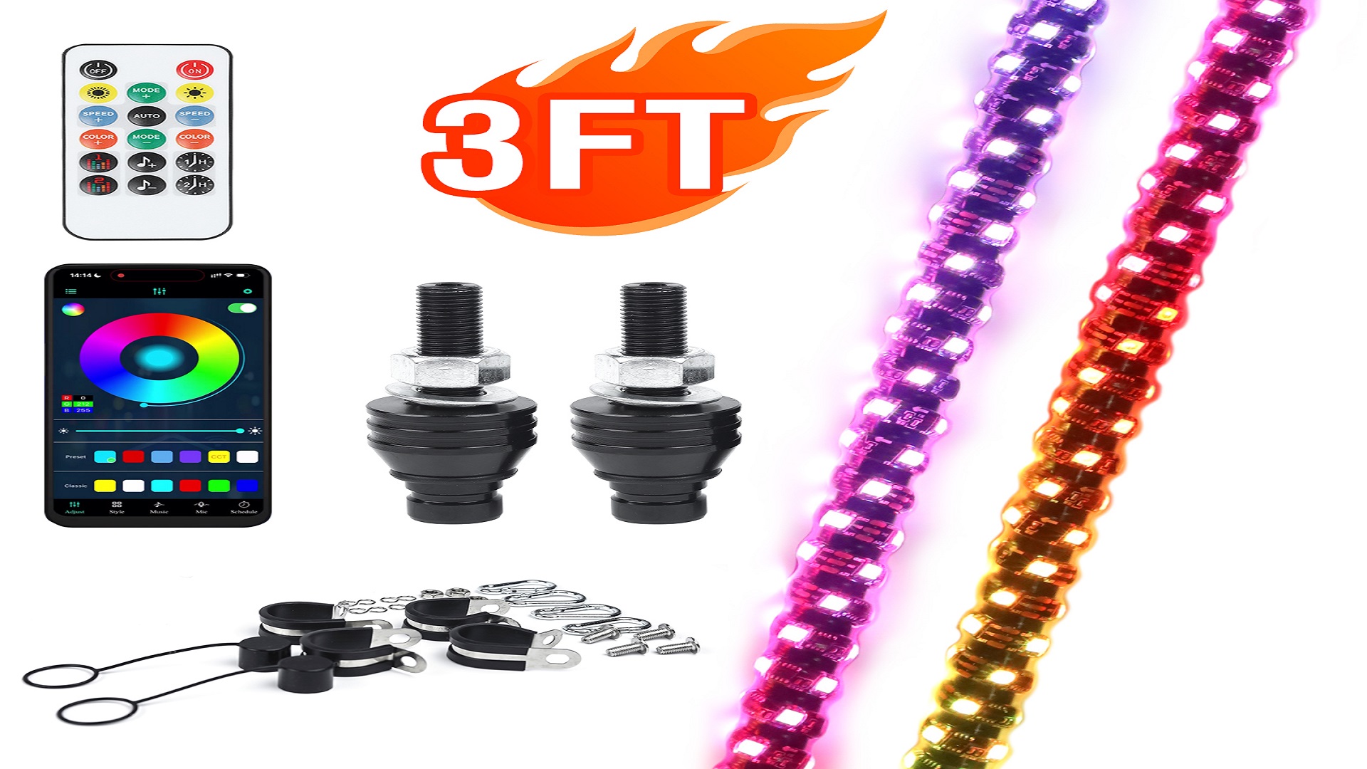 thumbnail video image 2 of AUTOXBERT 2PCS 3FT RGB LED Whip Light DIY Chasing Patterns Antenna Lighted Whips ATV UTV, 2 of 9