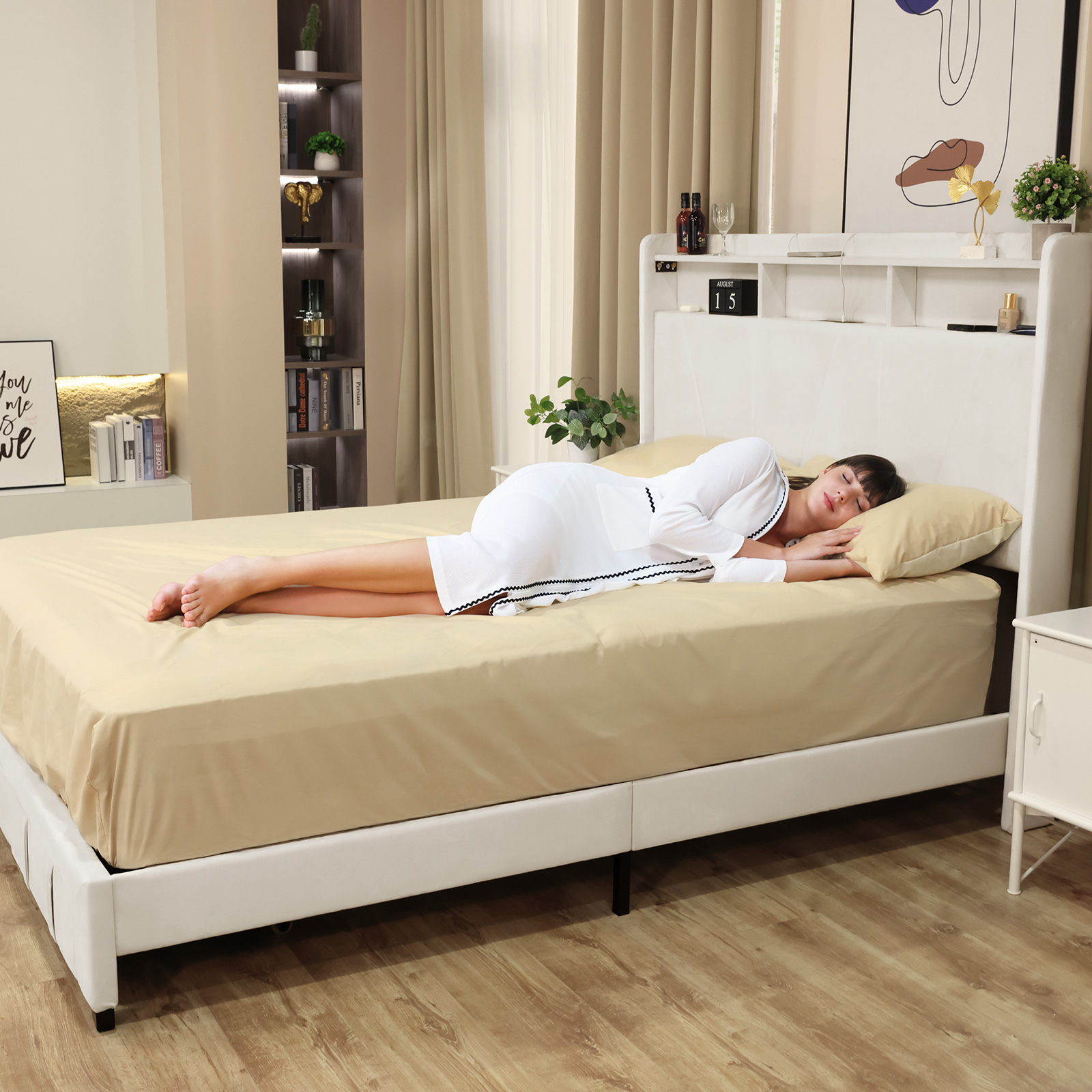 thumbnail video image 2 of Sailvan Queen Bed Frame, Platform Bed Frame Queen Size with Storage Drawers & LED Lights, Upholstered Bed Frame with Headboard & Charging Station, 1000lbs Capacity, No Box Spring Needed, 2 of 10