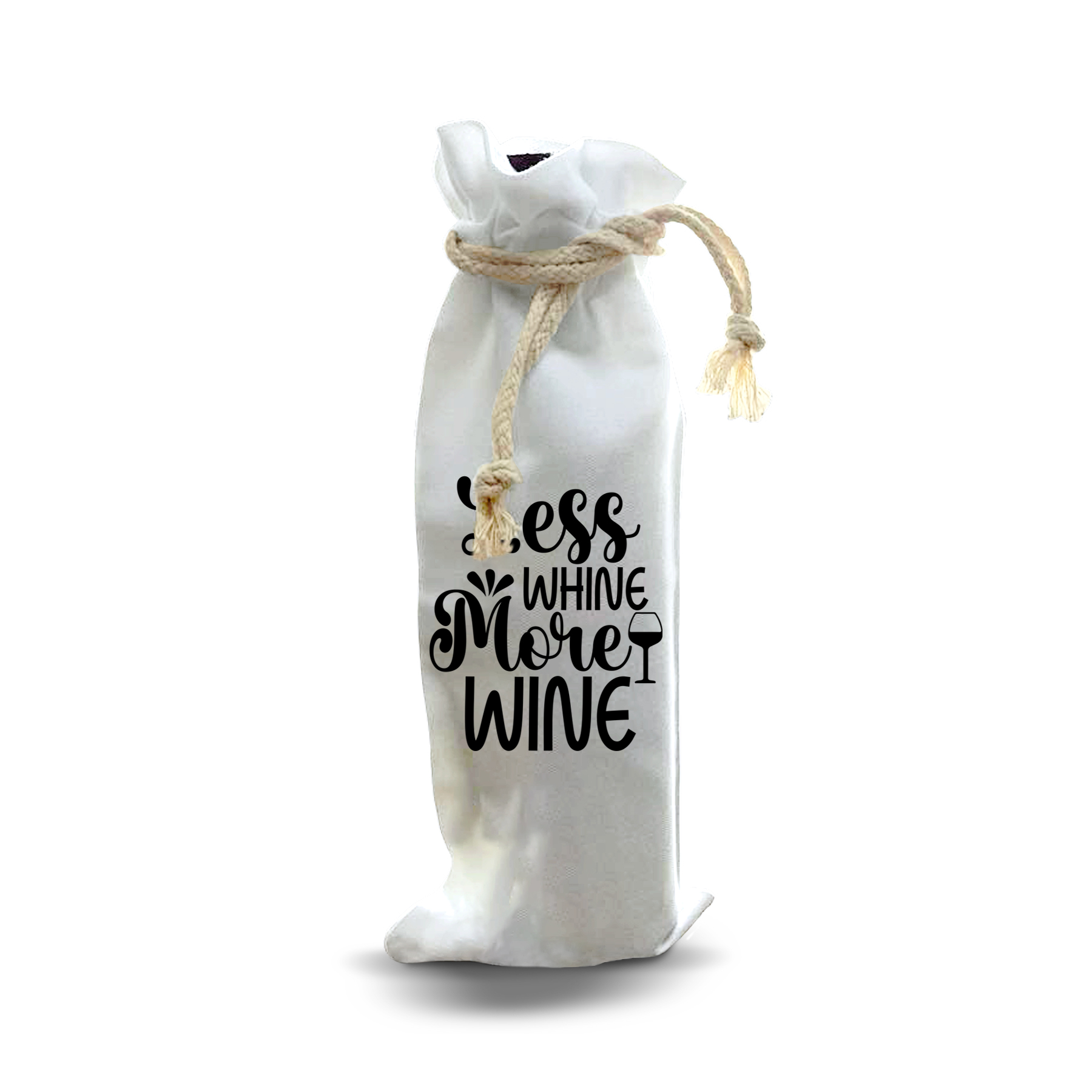 thumbnail video image 2 of Jolitee “Less Whine More Wine” Wine Bottle Gift Bag – Reusable Drawstring Canvas Bag with Script and Goblet Icon – Witty Gift for Wine Lovers and Entertainers, 2 of 6