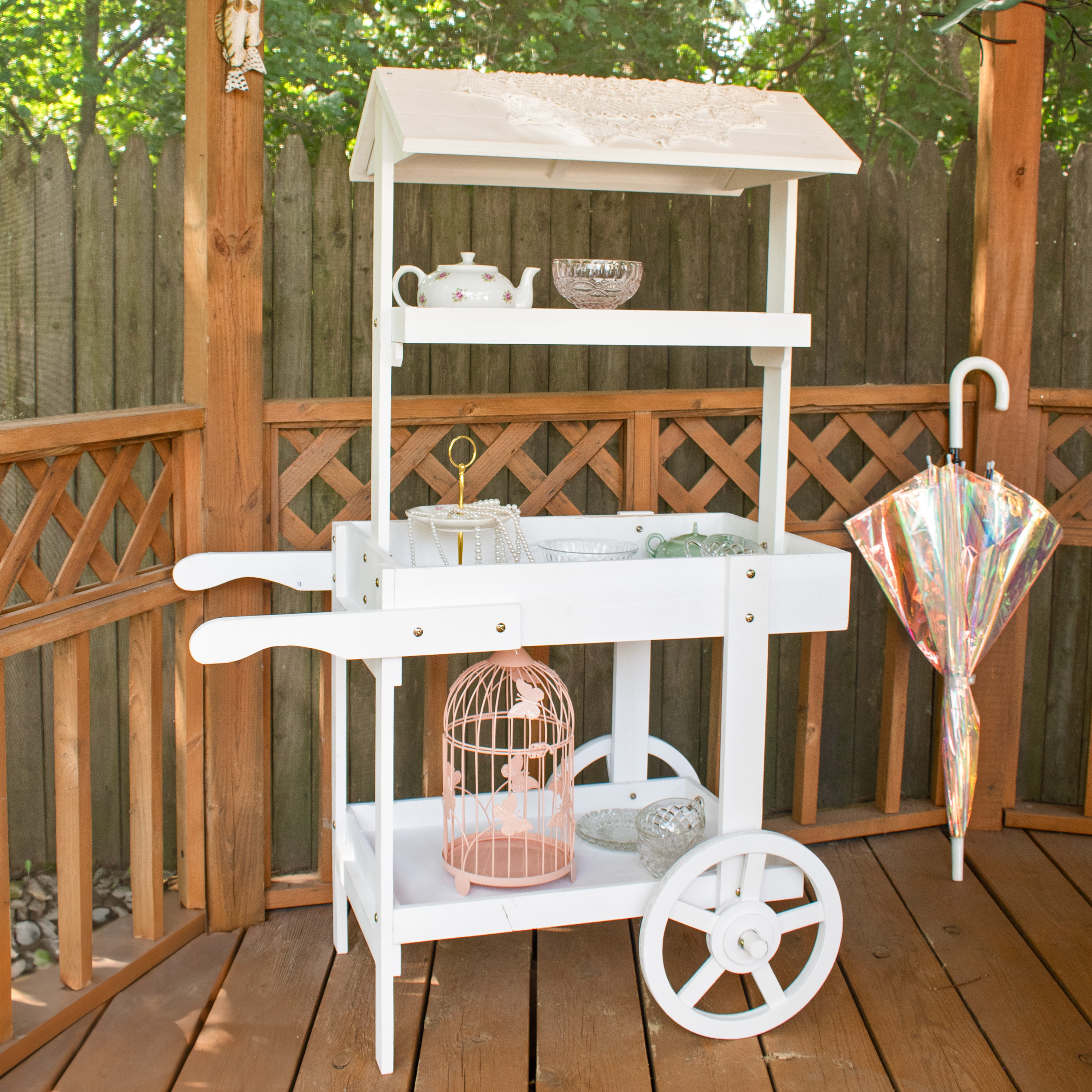 thumbnail video image 2 of Sunnydaze Country Market 33.75" x 21.75" x 49.25" White Wooden Flower Cart Plant Stand, 2 of 14