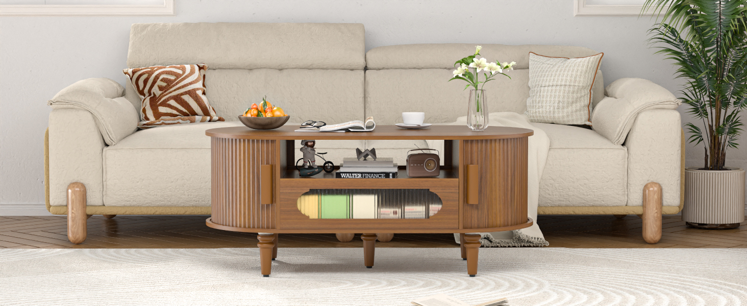 thumbnail video image 2 of Fluted Coffee Table with Storage, Oval Coffee Table with Drawer&Sliding Door, Low Small Center Table for Living Room(Black and Walnut), 2 of 10