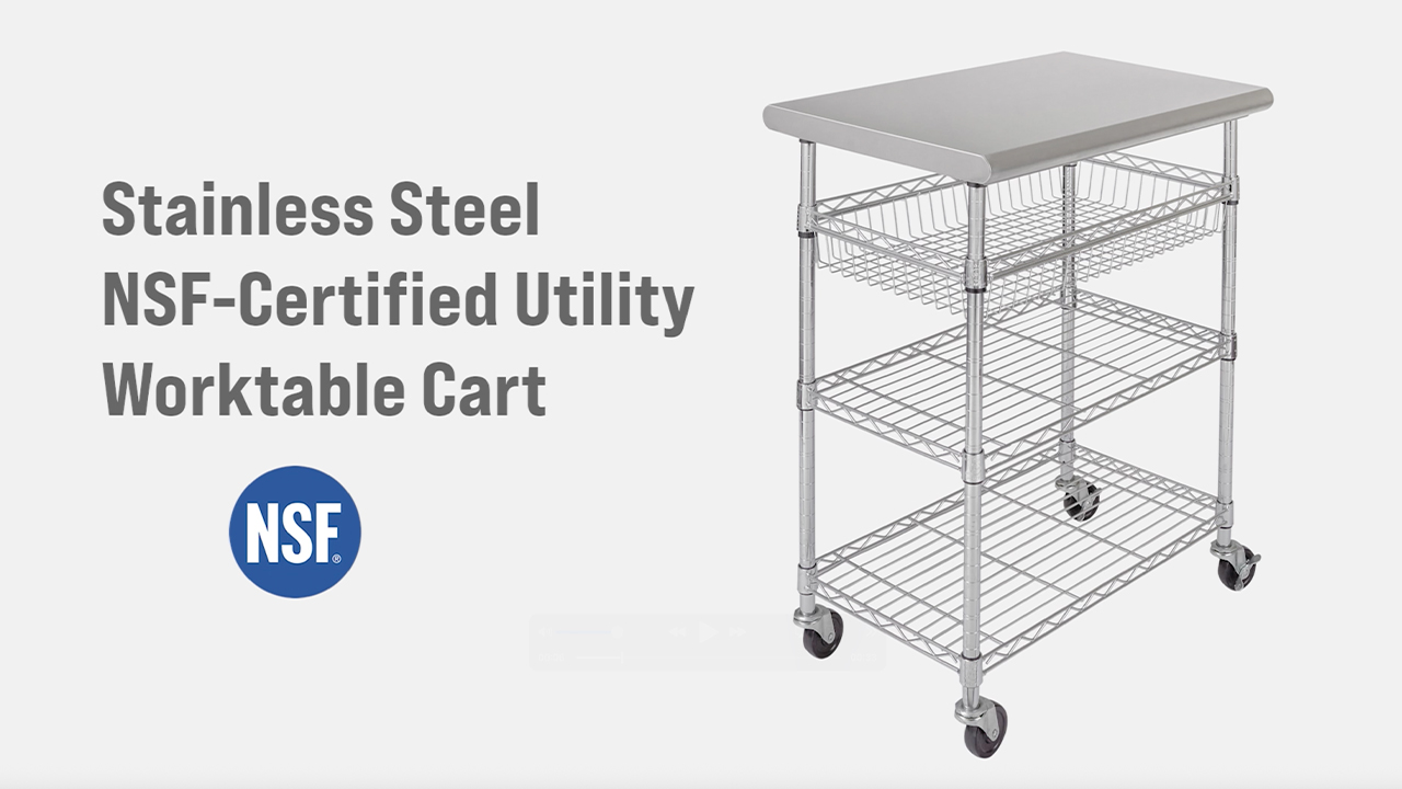 thumbnail video image 2 of Seville Classics Stainless Steel Kitchen Cart, 2 of 10