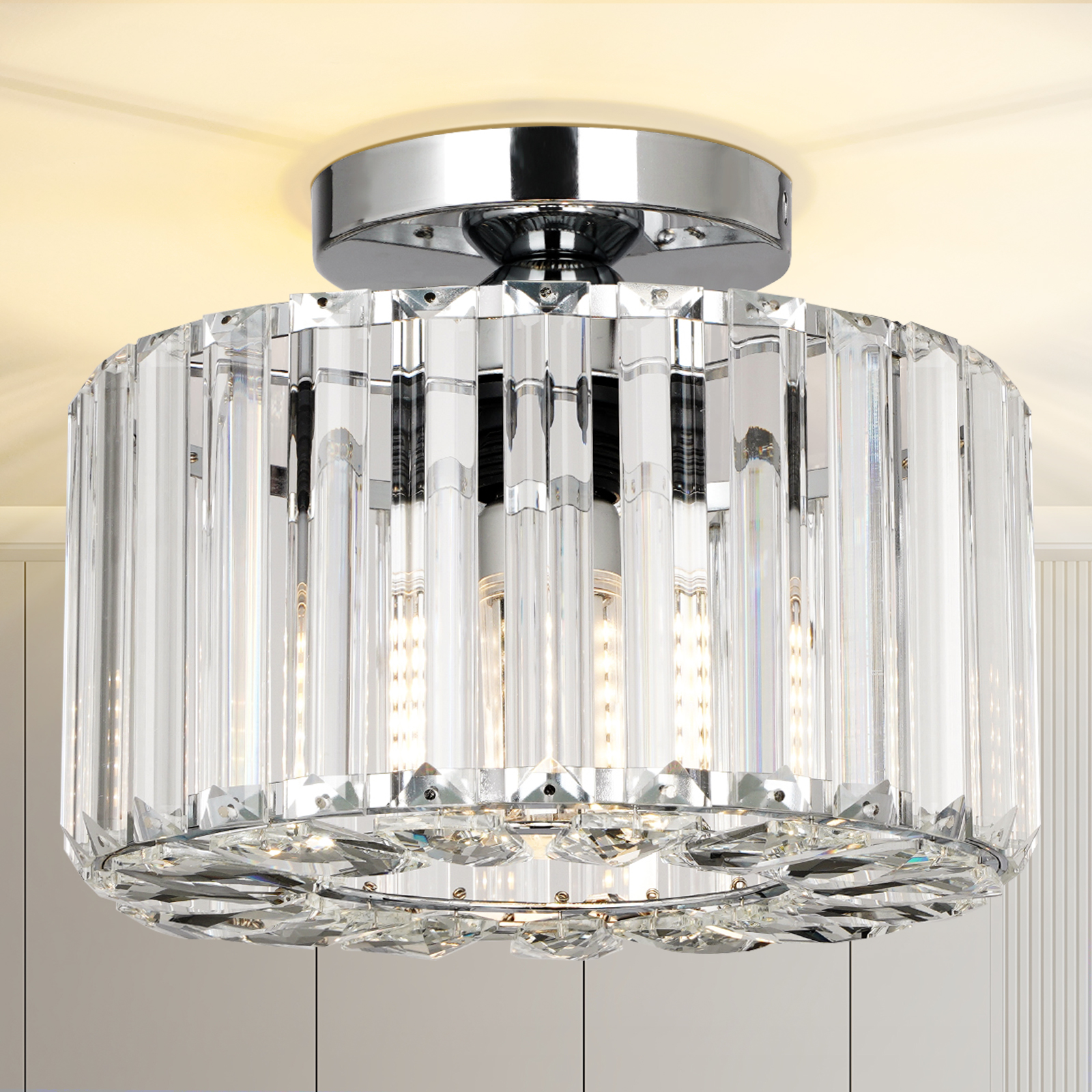thumbnail video image 2 of Frideko Home Crystal Ceiling Light Fixture, 9" Chrome Modern Semi Flush Mount Ceiling Light, E26 Base for Light Bulbs, Crystal Chandelier for Kitchen Bedroom Bathroom Hallway (Bulb not Included), 2 of 11