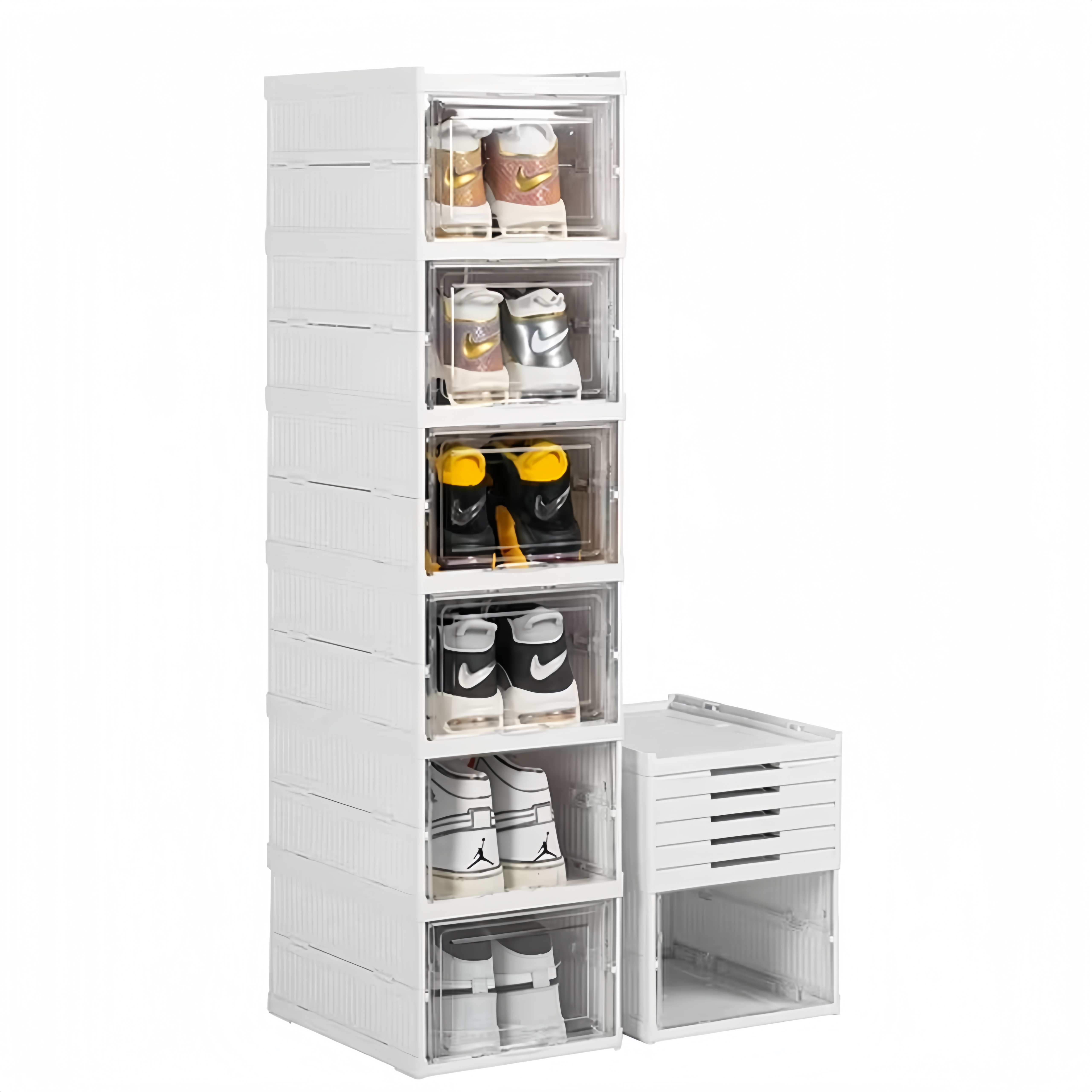 thumbnail video image 2 of 6-Tier Foldable Shoe Storage Organizer Box with Clear Door, No Assembly Stackable Shoe Rack for Sneakers, Sturdy & Space-Saving Closet Cabinet, 2 of 11