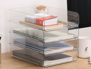 thumbnail video image 2 of Modular Stackable Desk Organizer, Set of 4 Clear PET Letter Trays for Paper, Documents, Pens & Office Supplies - Space Saving Office Storage, 2 of 7