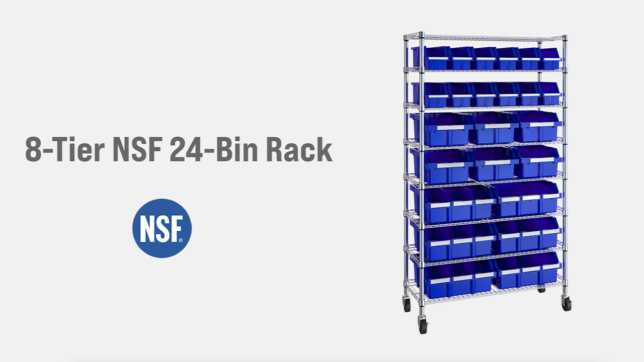 thumbnail video image 2 of Seville Classics 8-Tier NSF 24-Bin Rack, 36" W x 14.25" D x 63.5" H, Blue, 2 of 14