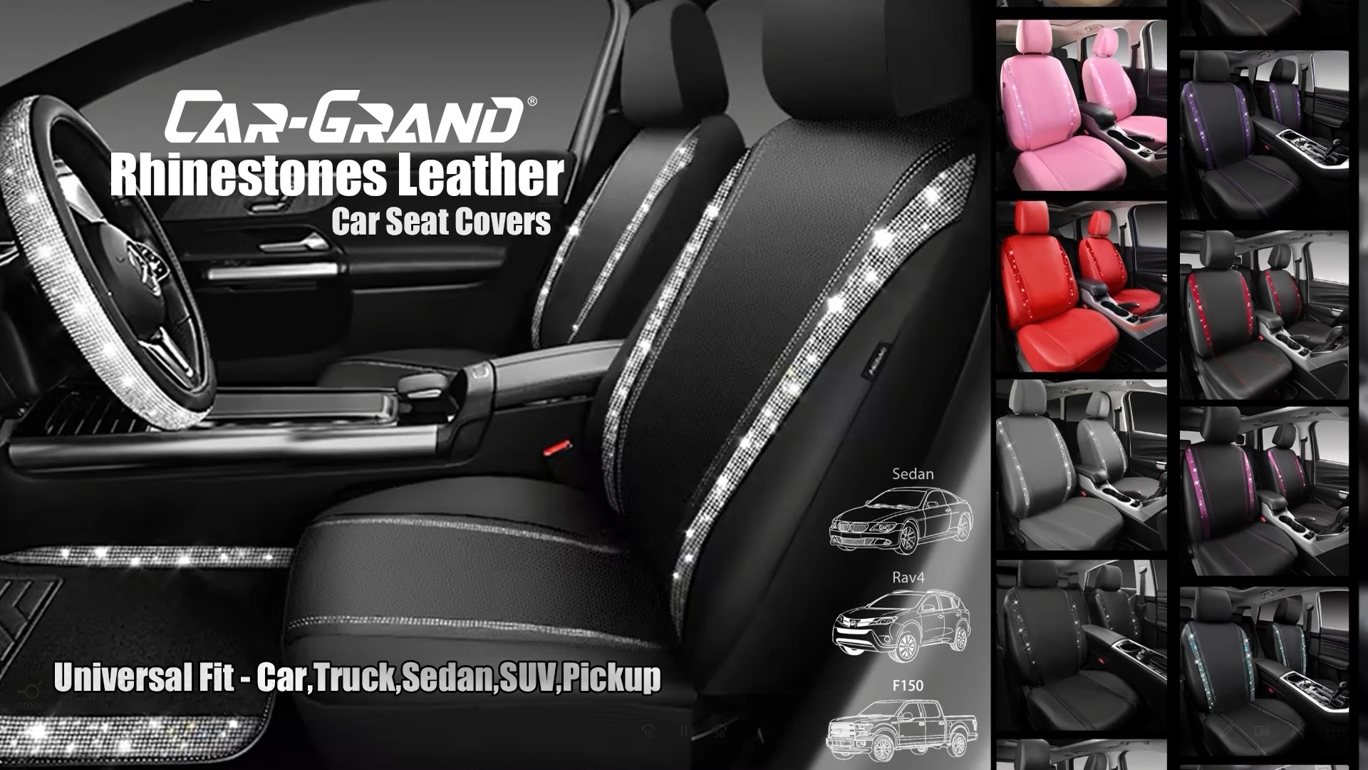 thumbnail video image 2 of Car-Grand Bling diamond Rhinestone Leather car seat covers front pair shinning spark glitter crystal cute universal fit automotive glitter SUV truck sedan women girly All Pink, 2 of 8