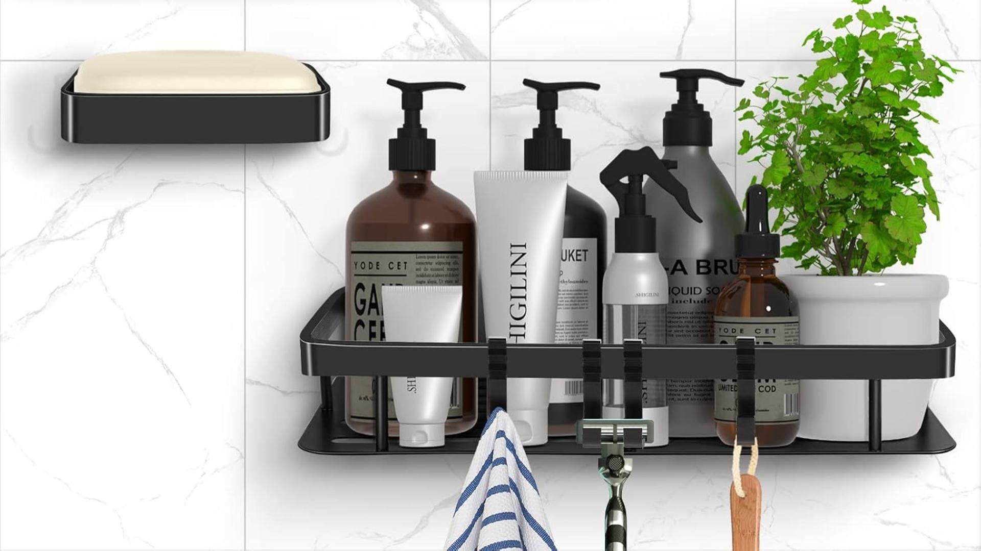 thumbnail video image 2 of 2 Pack Adhesive Shower Caddy Bathroom Shower Shelves with 4 Hooks, Space Aluminum Shower Organizer - Rustproof Waterproof and Easy Mount, 2 of 8